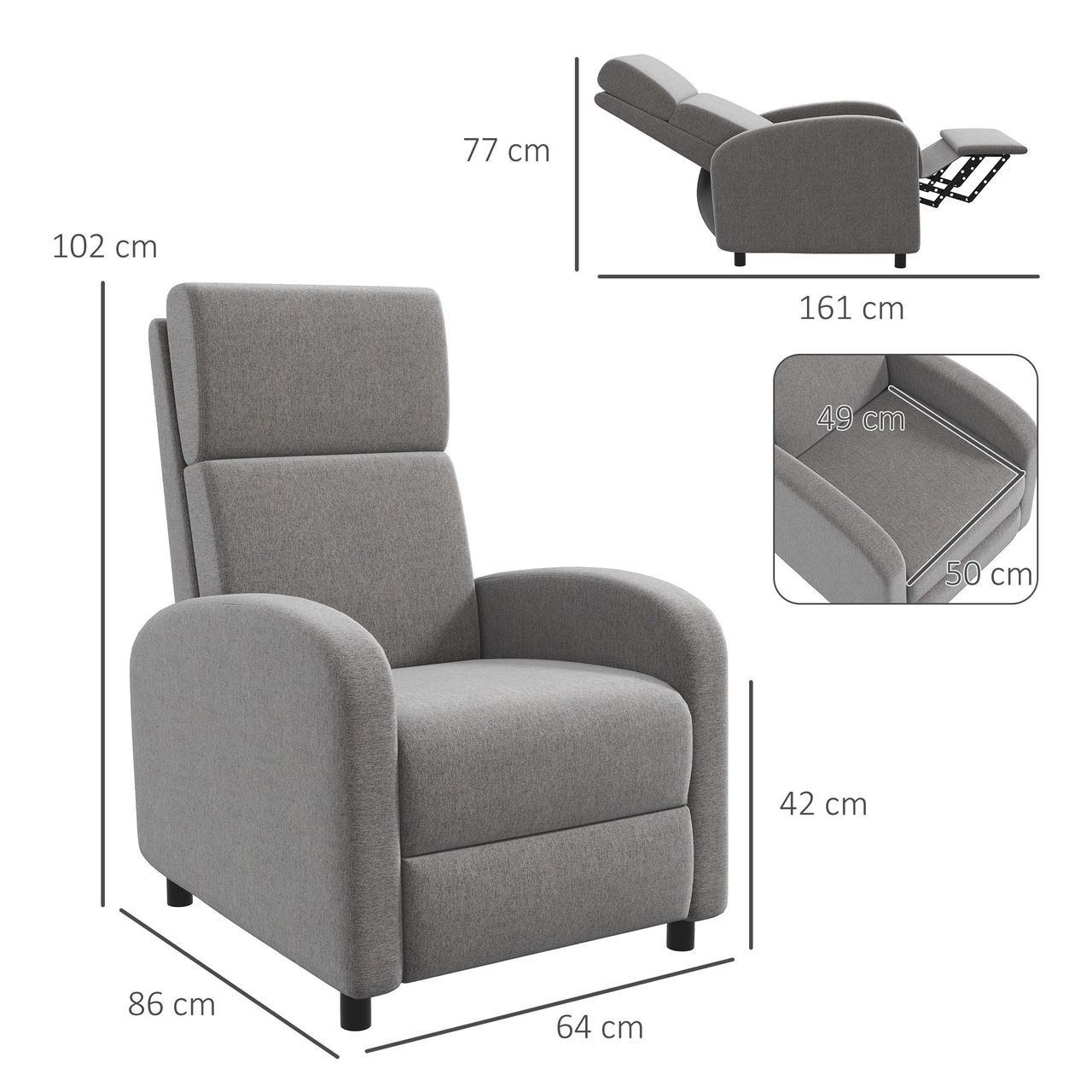HOMCOM Relaxsessel Einzelsofa Liege 160° neigbarer Fernsehsessel für Wohnzimmer