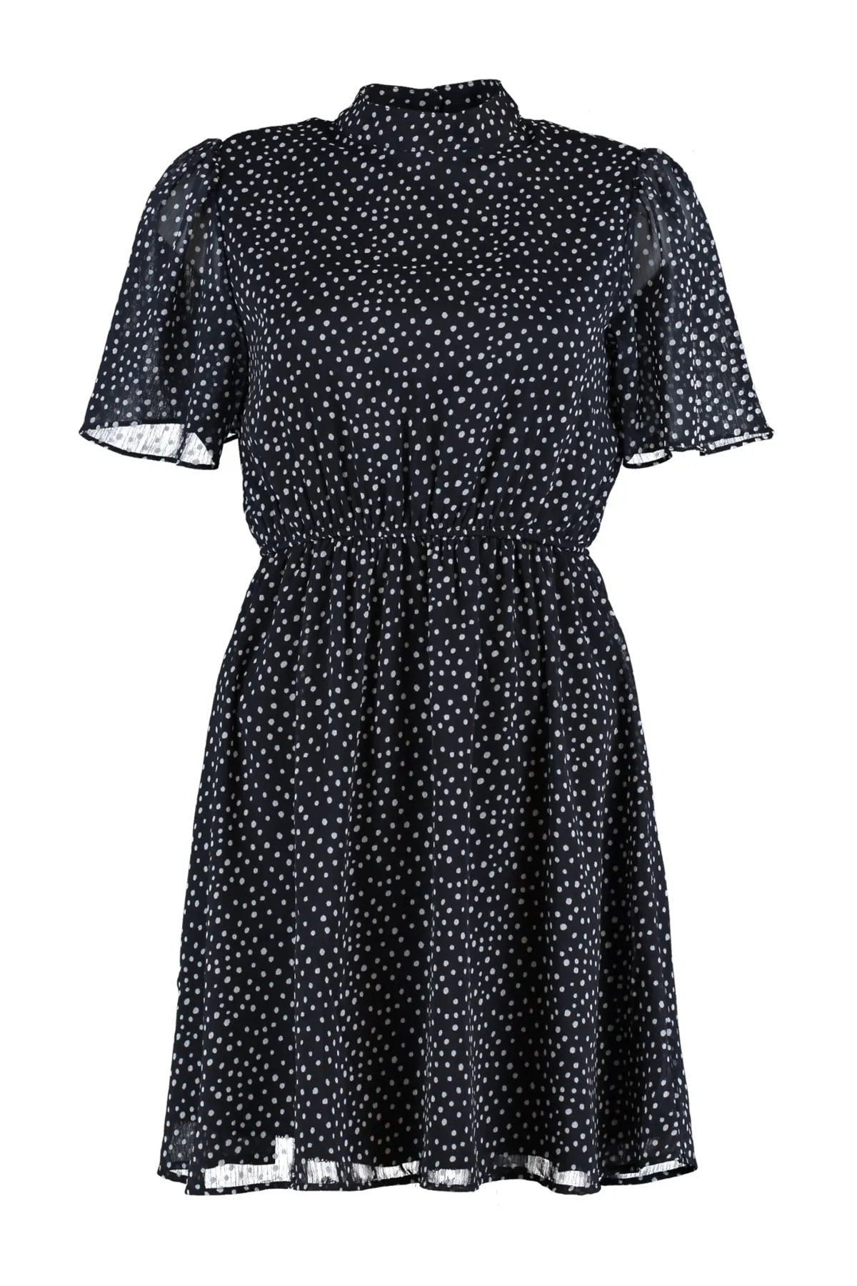 Trendyol Collection  Marineblauer, gepunkteter Rock, Taillenöffnung, Stehkragen, Mini-gefüttertes Chiffon-Webkleid TWOSS20EL0622