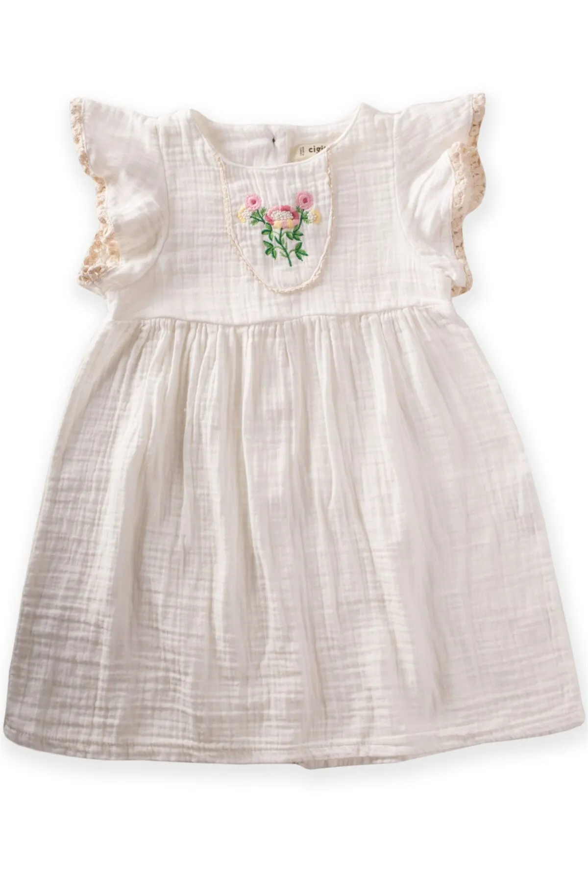 Cigit  Robe, bestickte Spitze, detailliertes böhmisches Musselinkleid, 2–8 Jahre, Ecru
