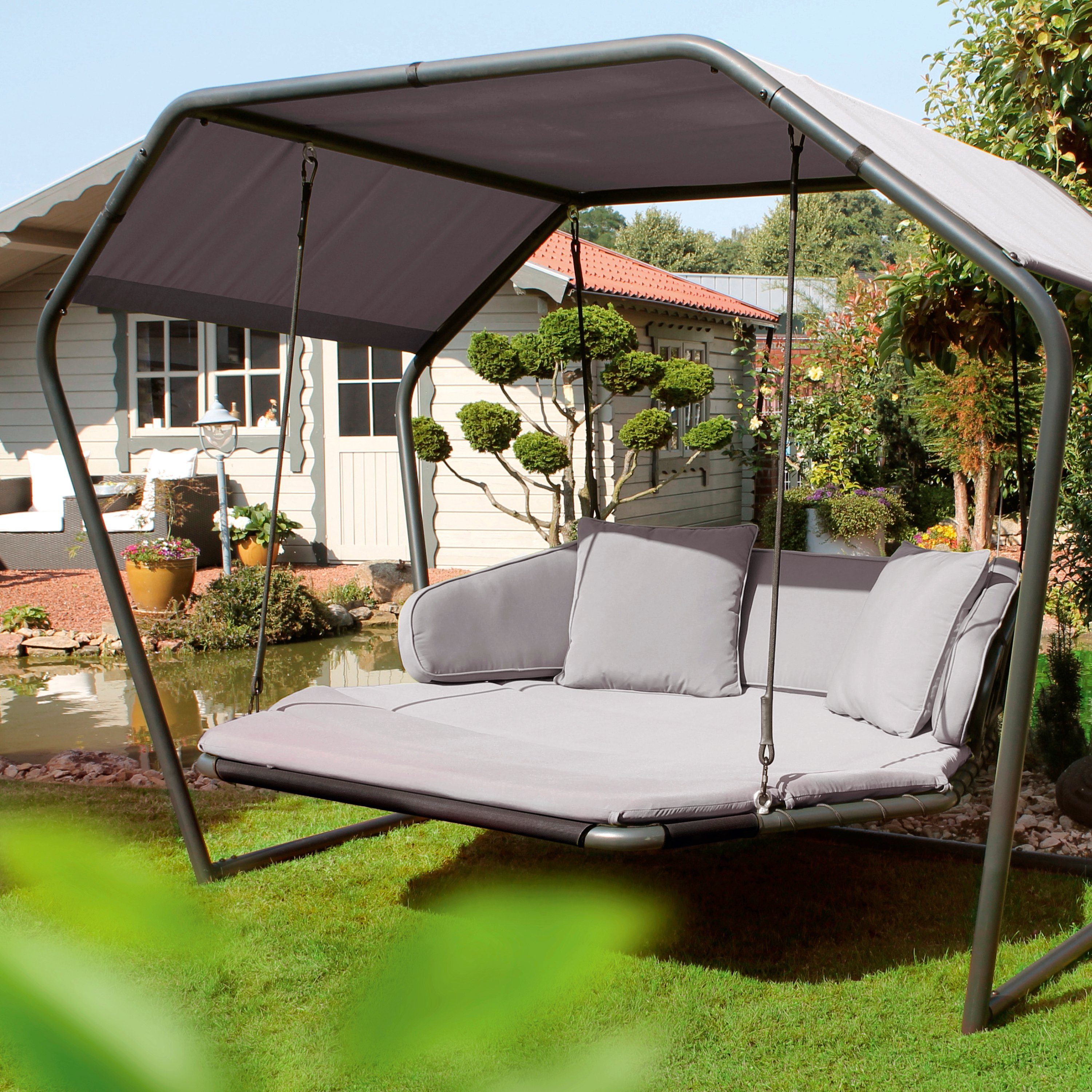 Leco Hollywoodschaukel Laureen, 2-Sitzer, grau, mit Polsterauflage, Kissen und Sonnendach