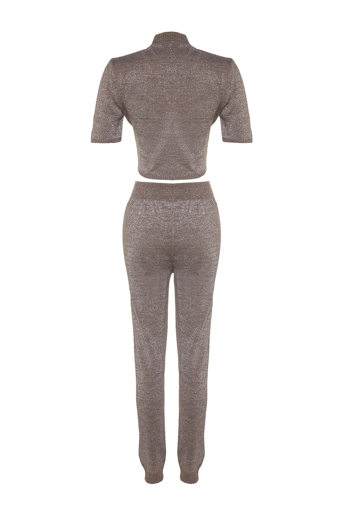 Trendyol Collection  Nerzfarbenes, superkurzes Glitzer-Set aus Bluse, Hose und Strickoberteil TWOAW24AU00075