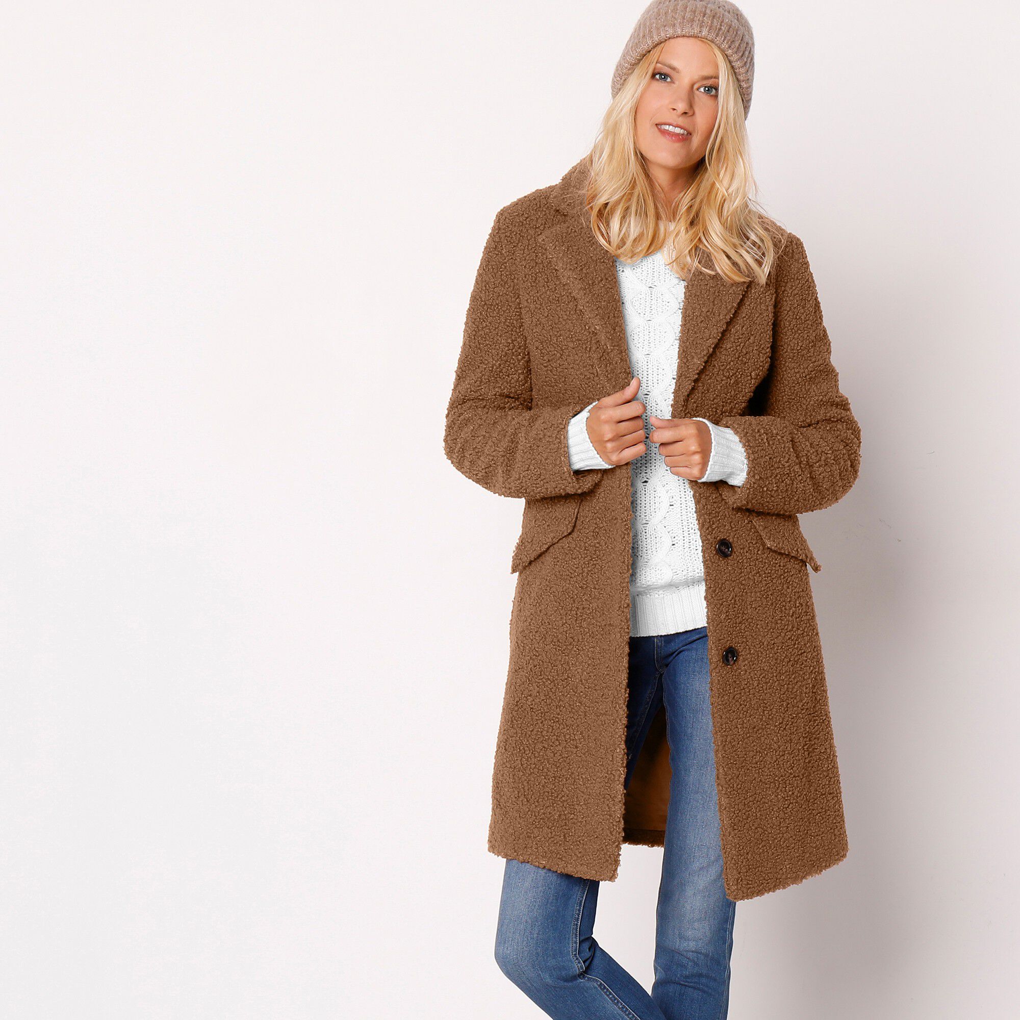 Manteau maille bouclette col tailleur