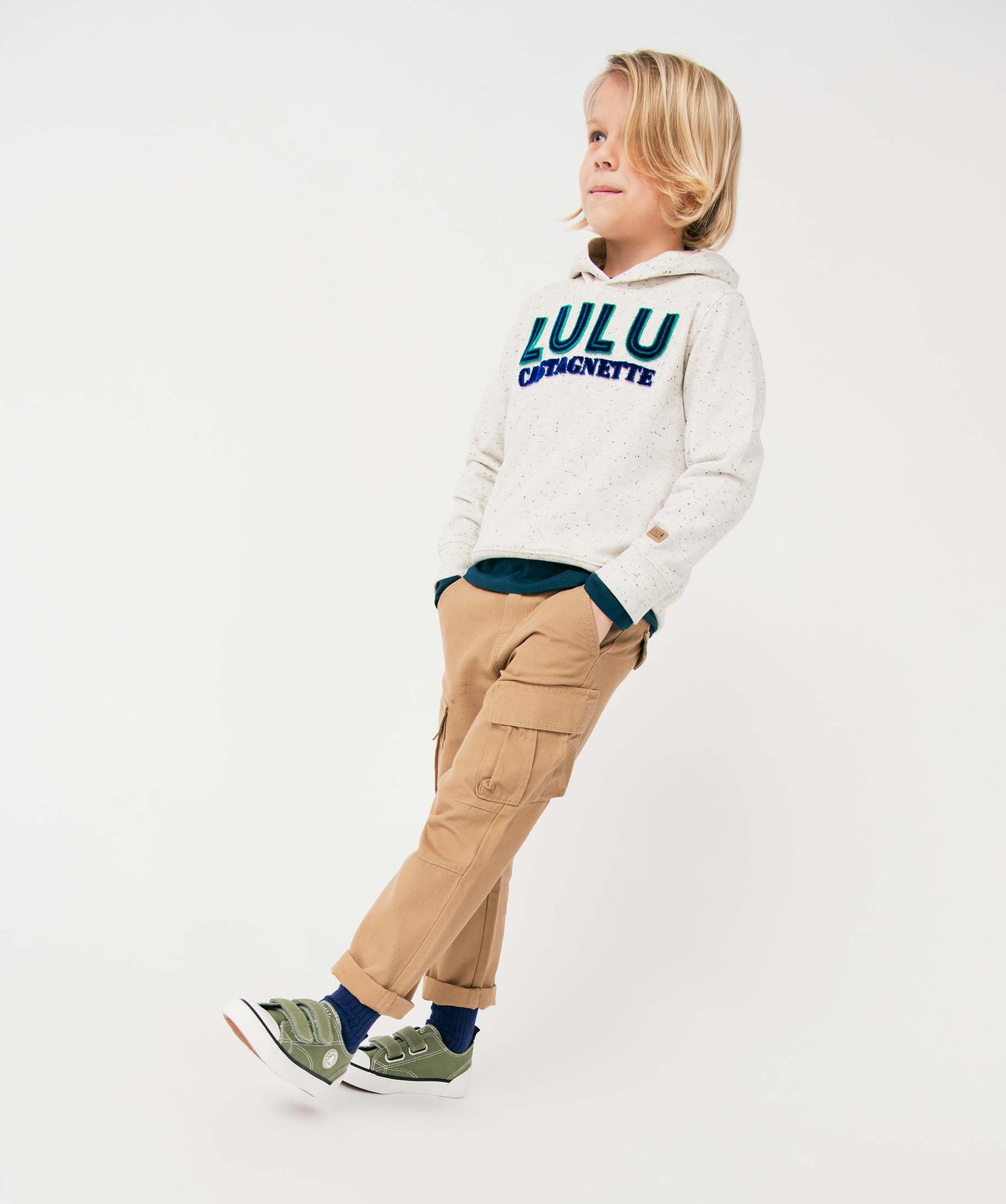 Pantalon Garçon cargo en twill avec ceinture rayée - LuluC... beige | GEMO