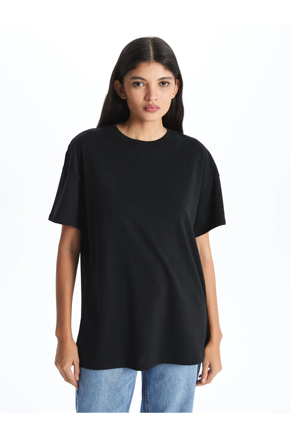 LC Waikiki  Einfarbiges, kurzärmliges, übergroßes Damen-T-Shirt mit Rundhalsausschnitt