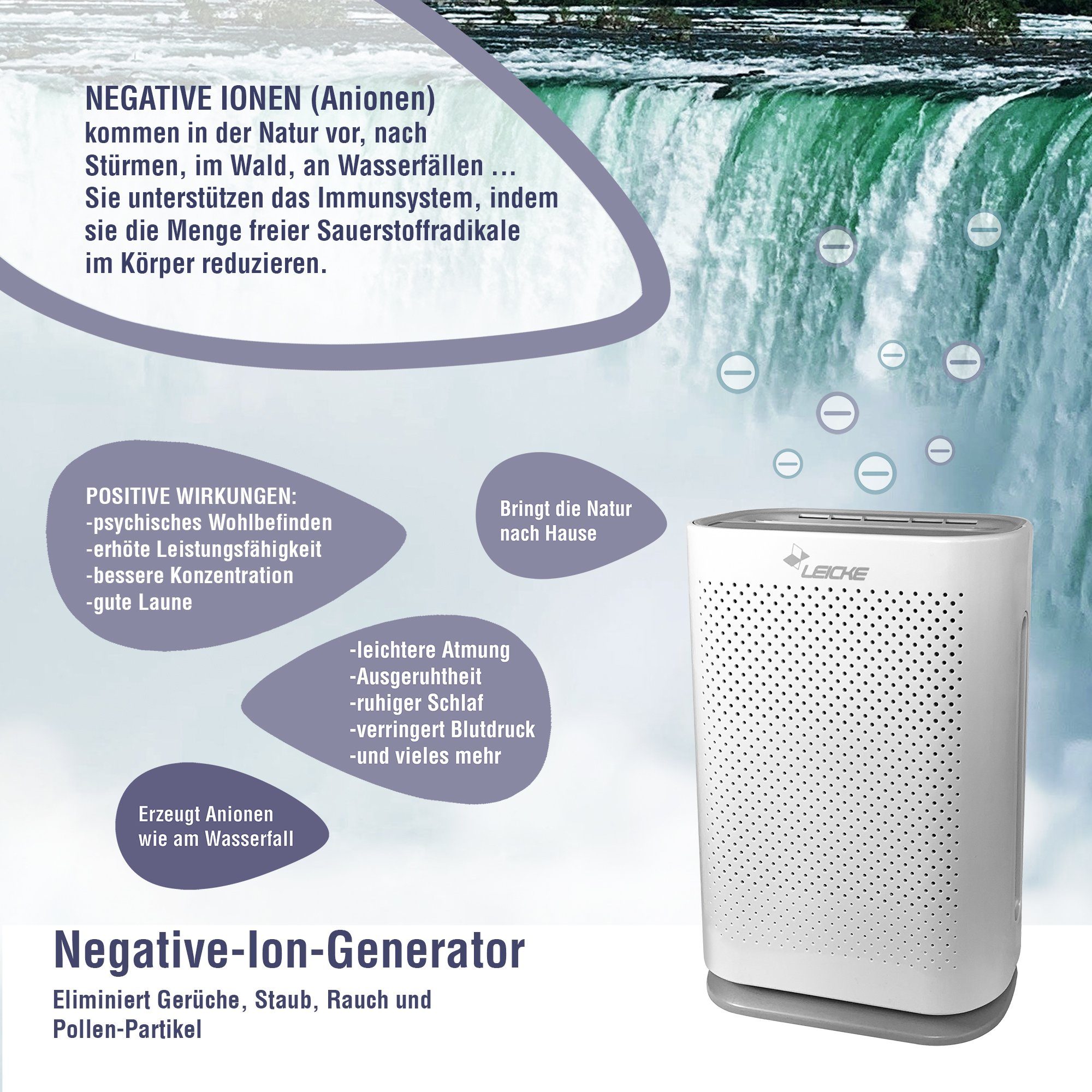 Leicke Luftreiniger PureO2, für 80 m² Räume, Negative Ionen-Generator, leiser Schlafmodus, UV-Reinigung