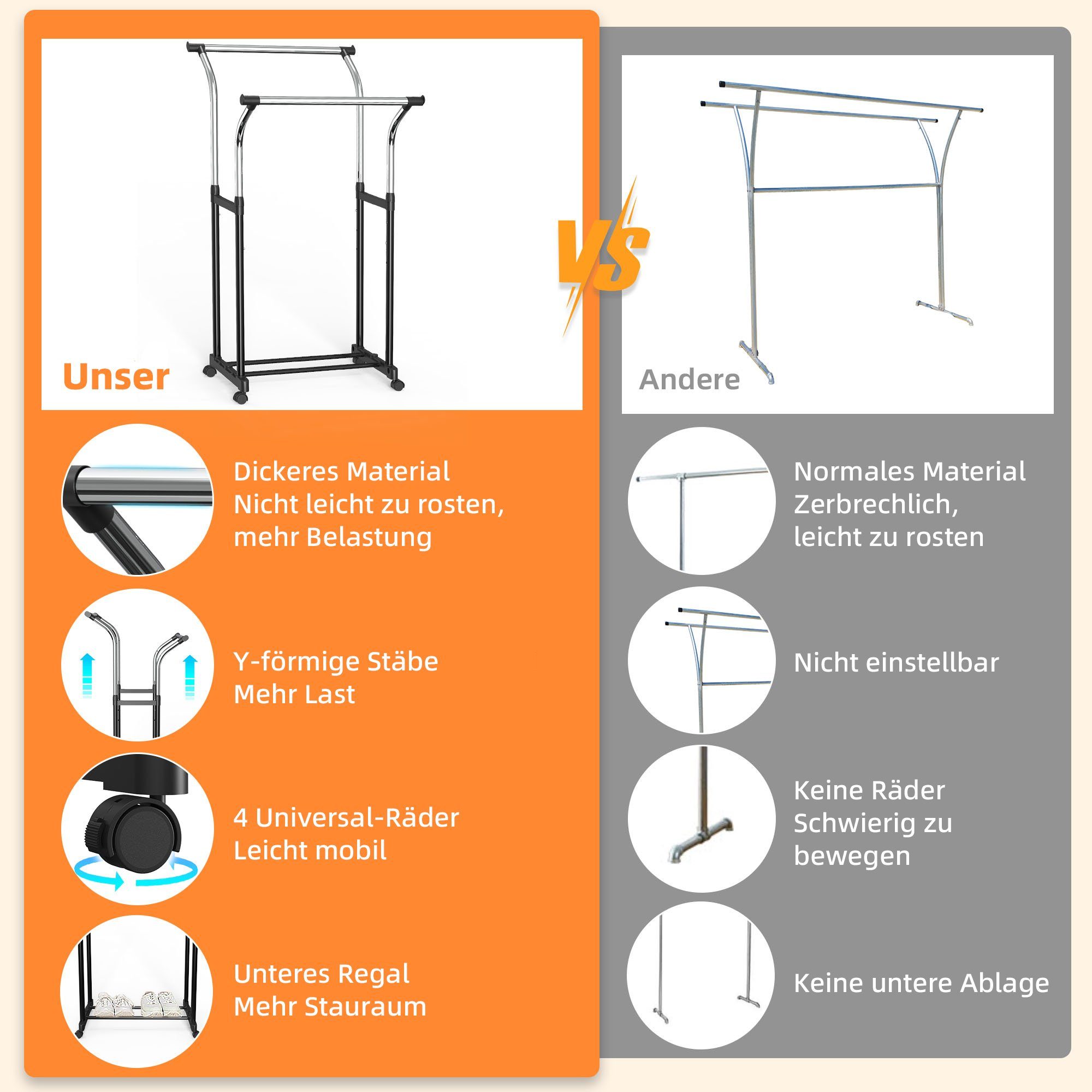 NEFOSO Garderobenständer Y-förmiger Doppelschienen, Höhenverstellbarer, schwarz Rollgarderobe, (1 St), Kleiderständer, Schlafzimmer Bodenstehender Kleiderwagen, Chrom