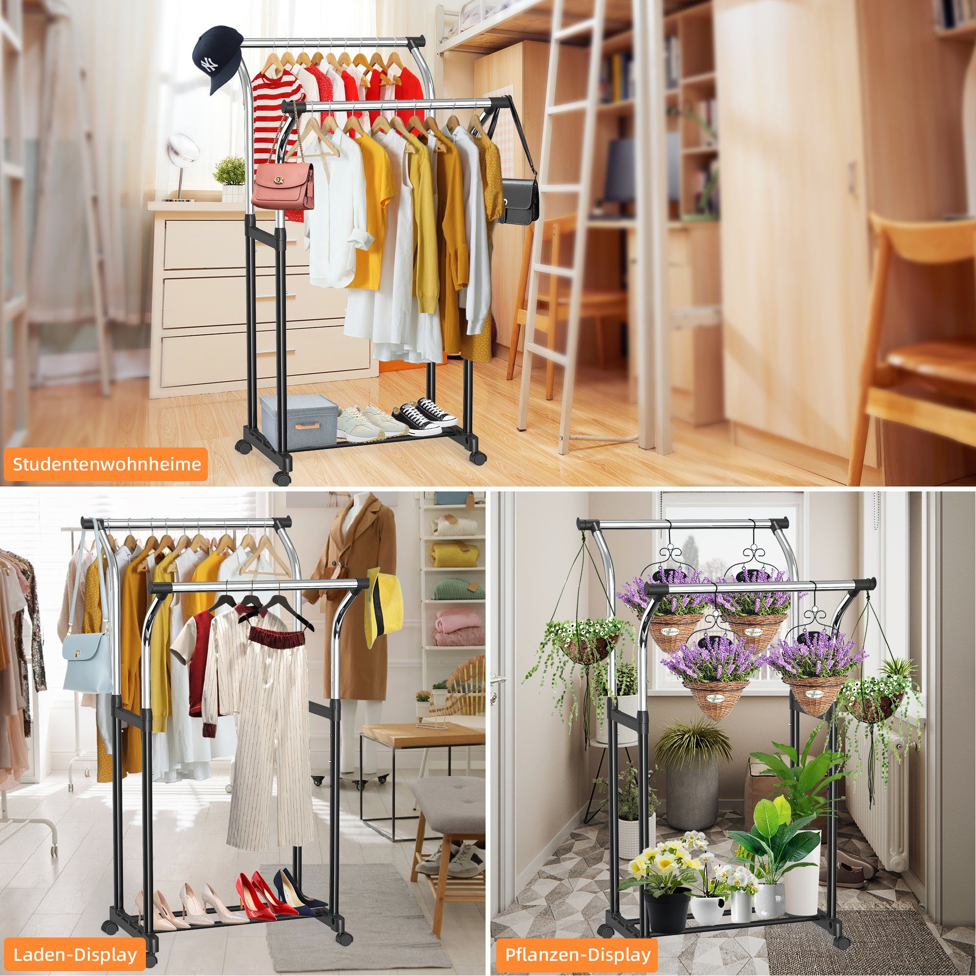 NEFOSO Garderobenständer Y-förmiger Doppelschienen, Höhenverstellbarer, schwarz Rollgarderobe, (1 St), Kleiderständer, Schlafzimmer Bodenstehender Kleiderwagen, Chrom