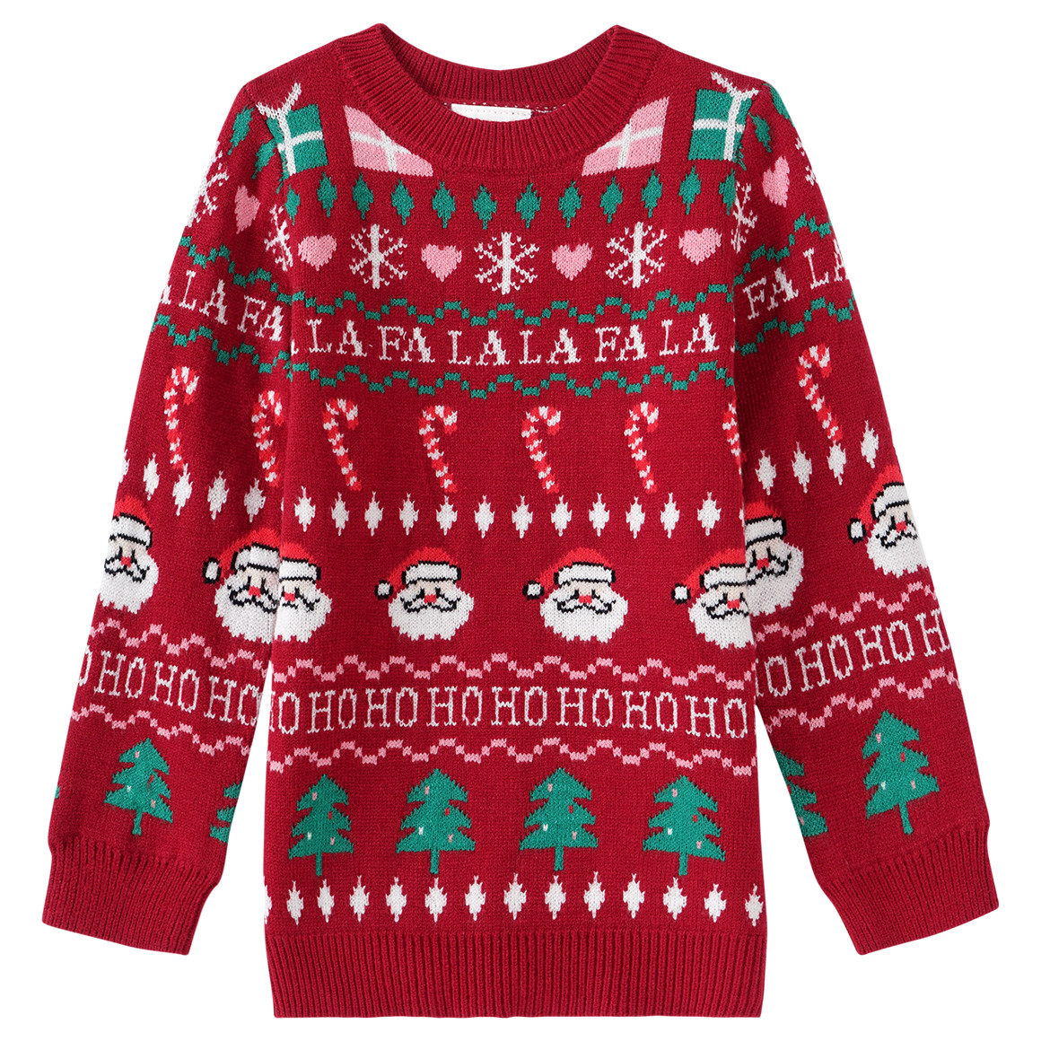 Mädchen Weihnachtspullover mit Allover-Motiv dunkelrot / grün / weiss