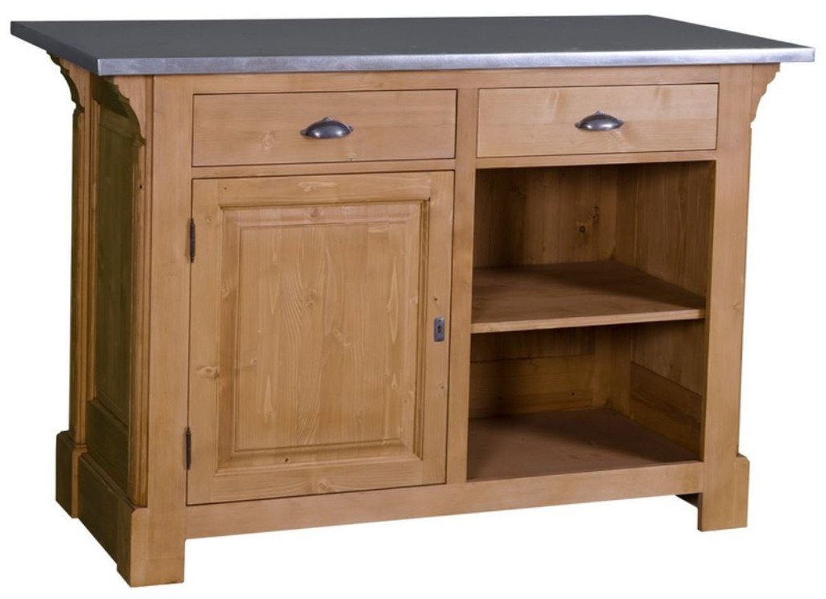 Casa Padrino Barschrank Landhausstil Theke Naturfarben / Silber 140 x 68 x H. 95 cm - Massivholz Thekentisch mit verzinkter Tischplatte