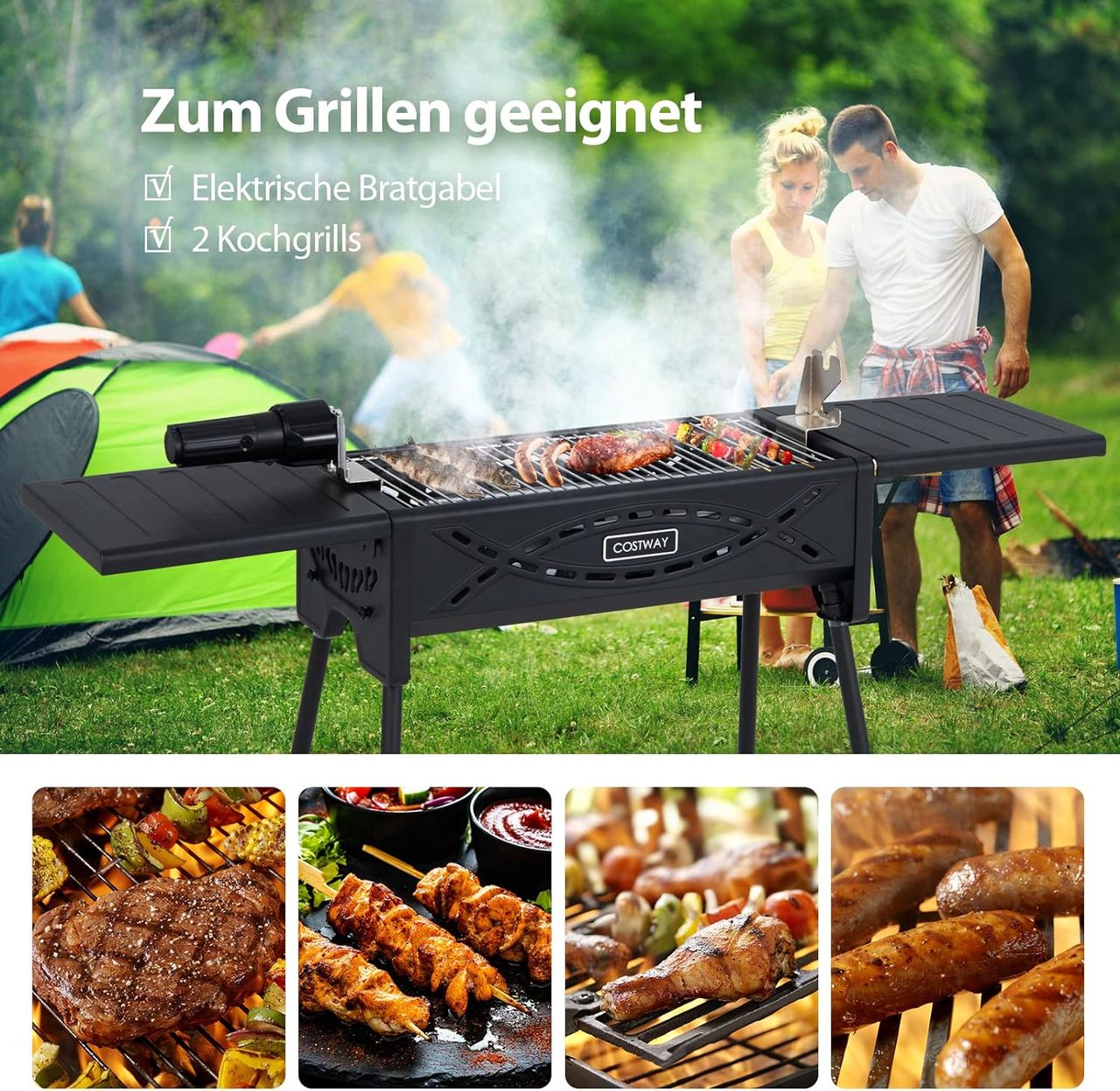Costway Tragbarer Holzkohlegrill mit elektrischer Bratgabel