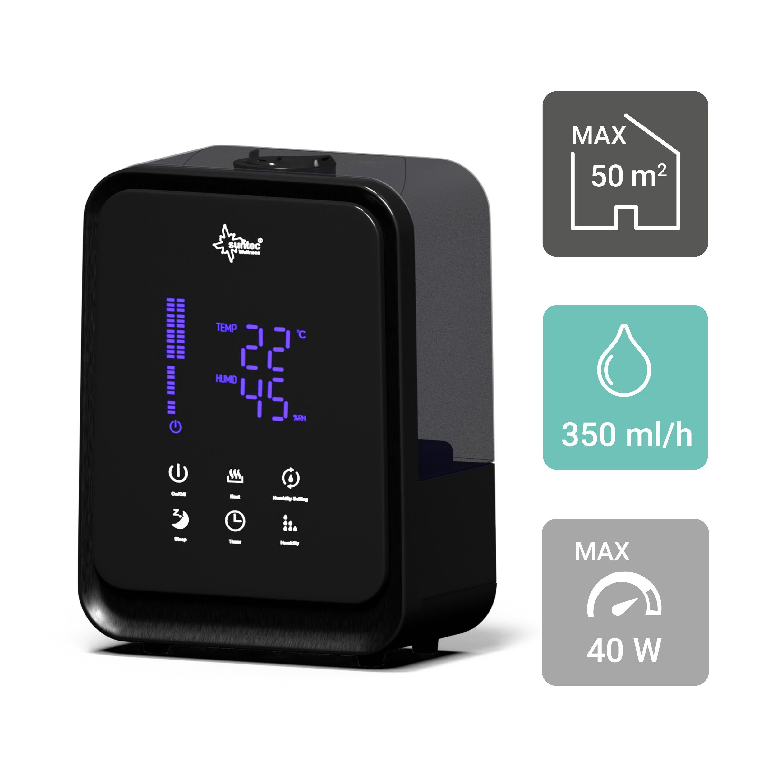 Suntec Wellness Luftbefeuchter Monsun 6000 black, 4,50 l Wassertank, Diffusor mit Aromafunktion, Ultraschallvernebler mit Auto-Abschaltung