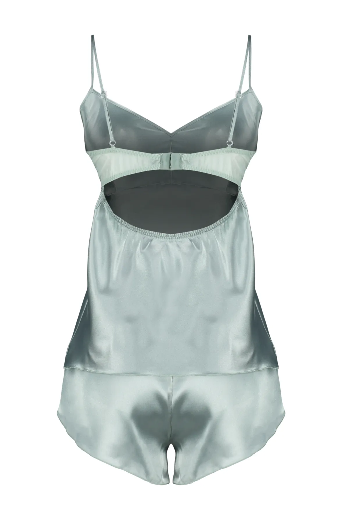 Trendyol Collection  Mintgrünes Pyjama-Set aus gewebtem Satin – Fadenriemen und Fensterdetail auf der Rückseite THMSS24PT00277