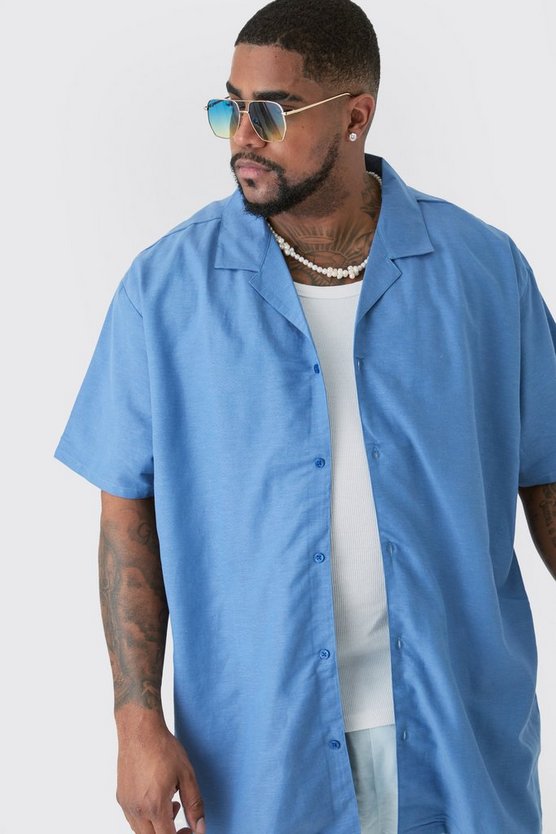 Plus Oversize Leinen-Hemd in Blau