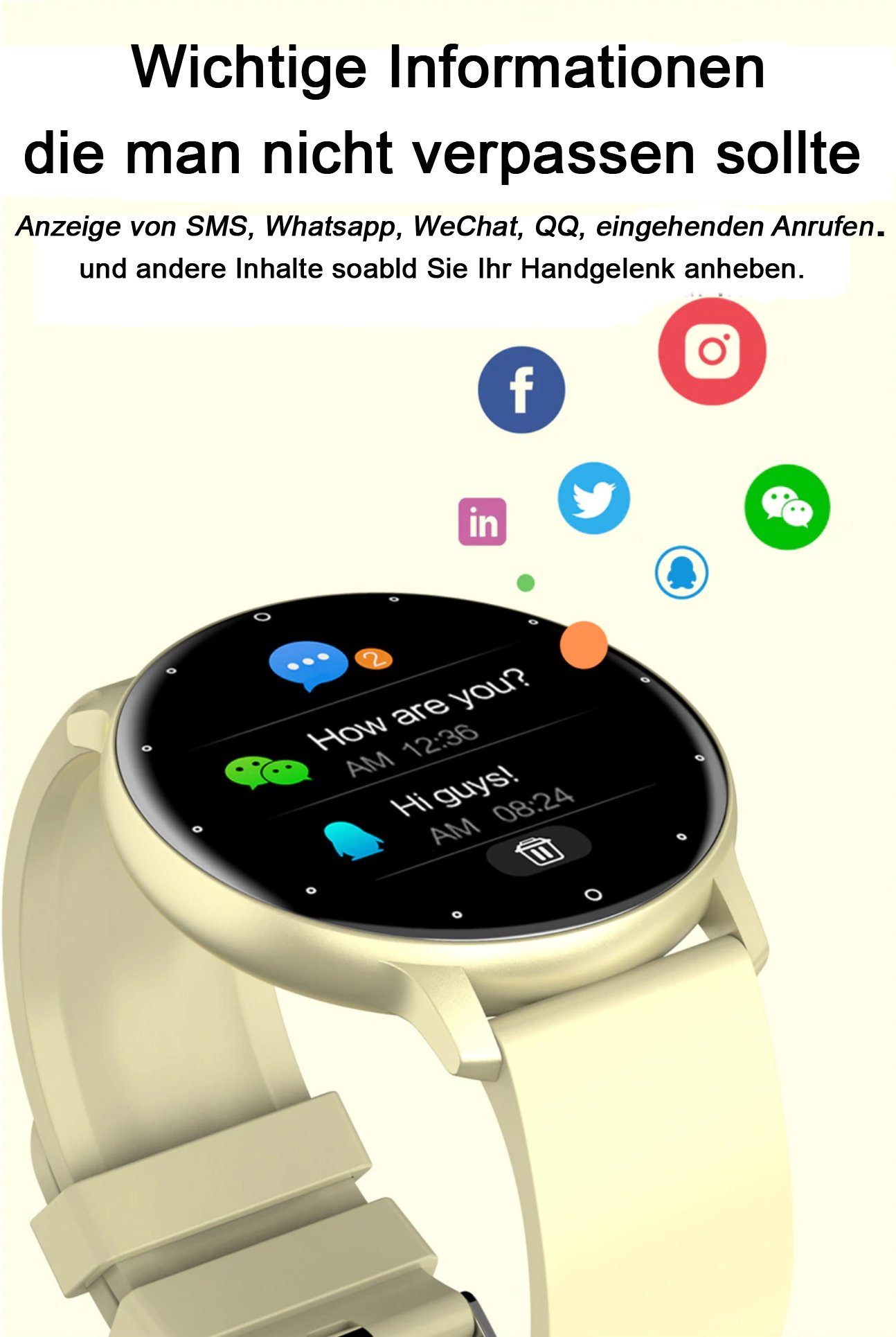 TPFNet SW01 mit individuell einstellbarem Display Smartwatch (Android), Armbanduhr mit Musiksteuerung, Herzfrequenz, Schrittzähler, Kalorien, Social Media etc., Blau