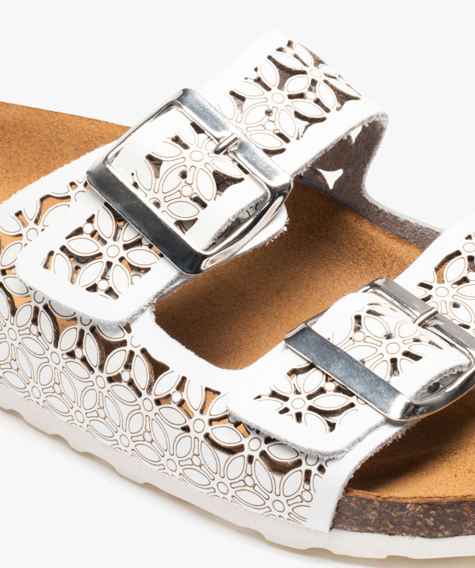 Mules femme à talon plat à double brides ajustables en cuir blanc | GEMO