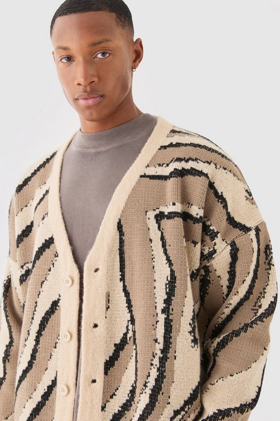 Kastiger Oversize Jacquard-Cardigan mit abstraktem Print