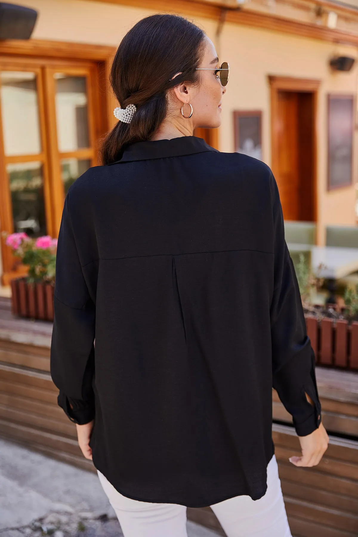 armonika  Schwarzes, übergroßes, langes Basic-Hemd für Damen