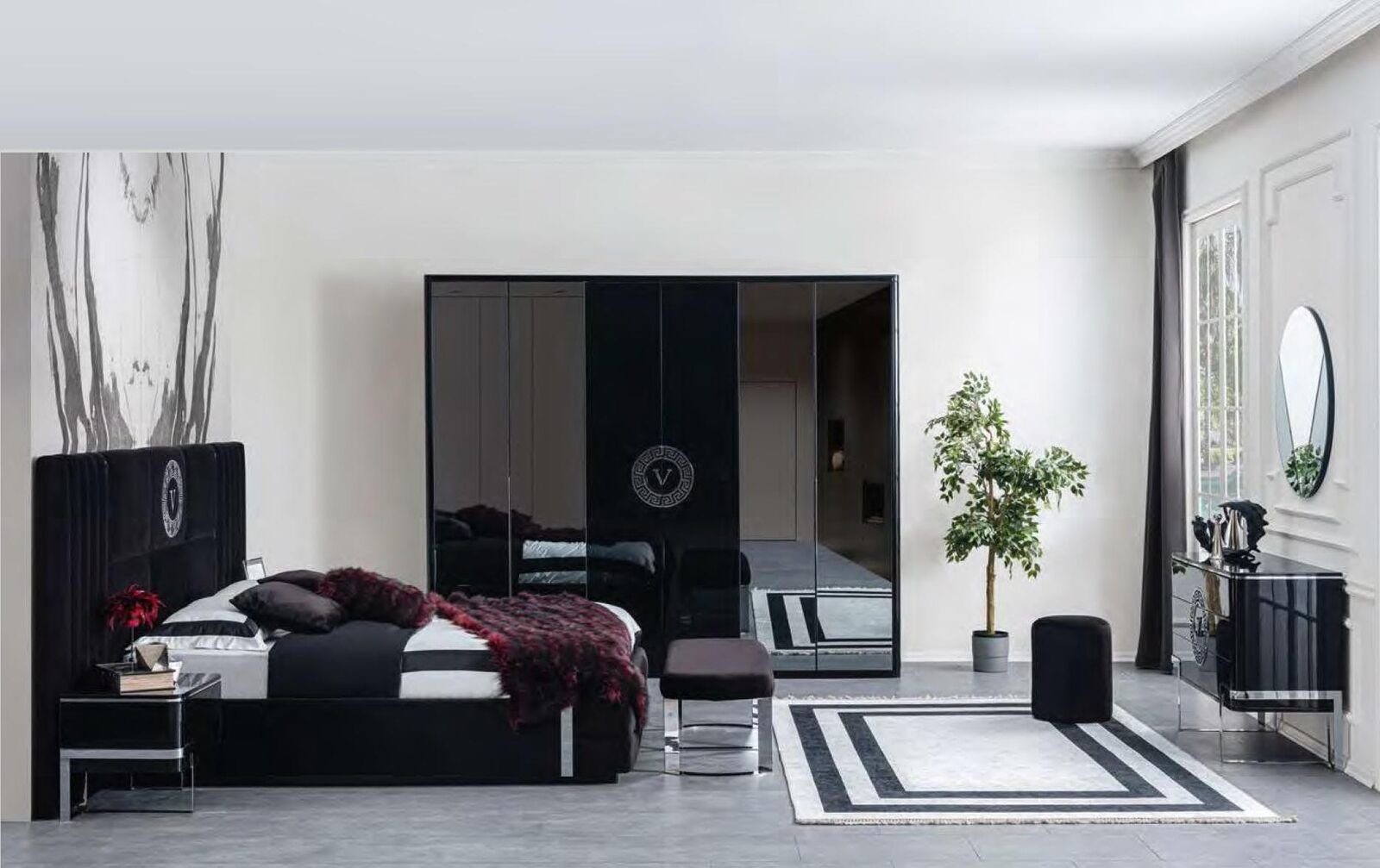 JVmoebel Schlafzimmer-Set Großes Schwarzes Schlafzimmer Set Bett Kleiderschrank 6tlg., (6-St., Bett / 2x Nachttische / Kleiderschrank / Kommode / Spiegel), Made in Europa