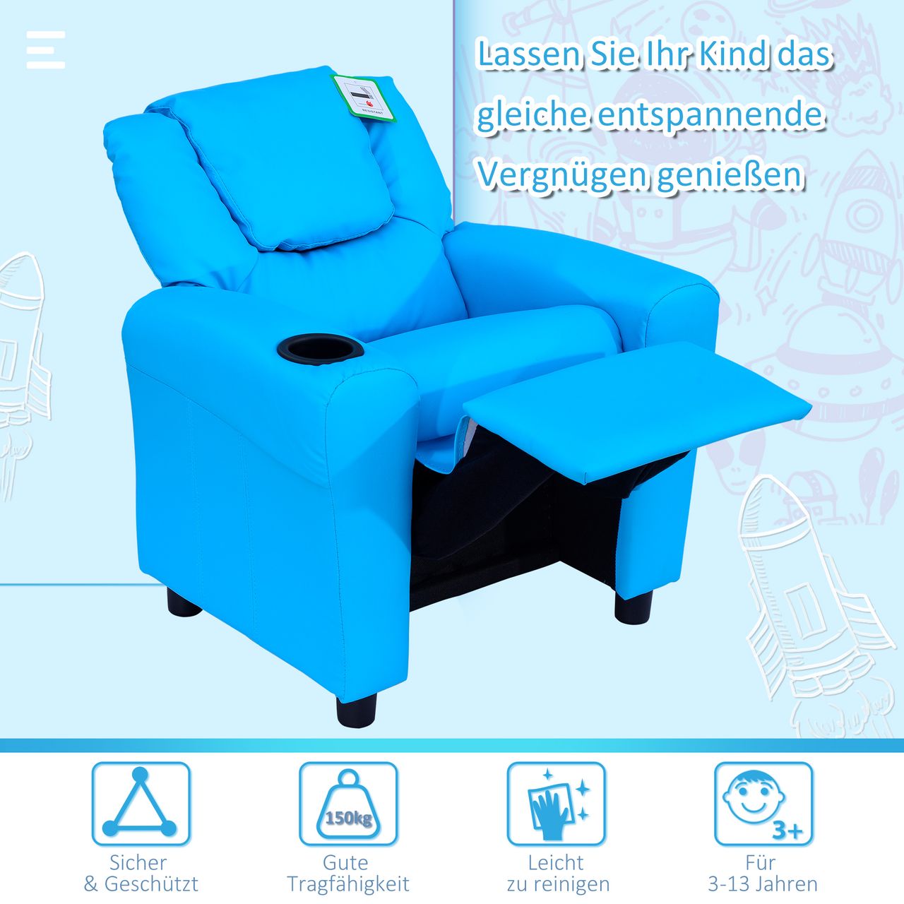 HOMCOM Kindersessel für 3-6 Jahre alt, Liegefunktion, Eingebauten Becherhalter, Blau, 62 x 52 x 69 cm