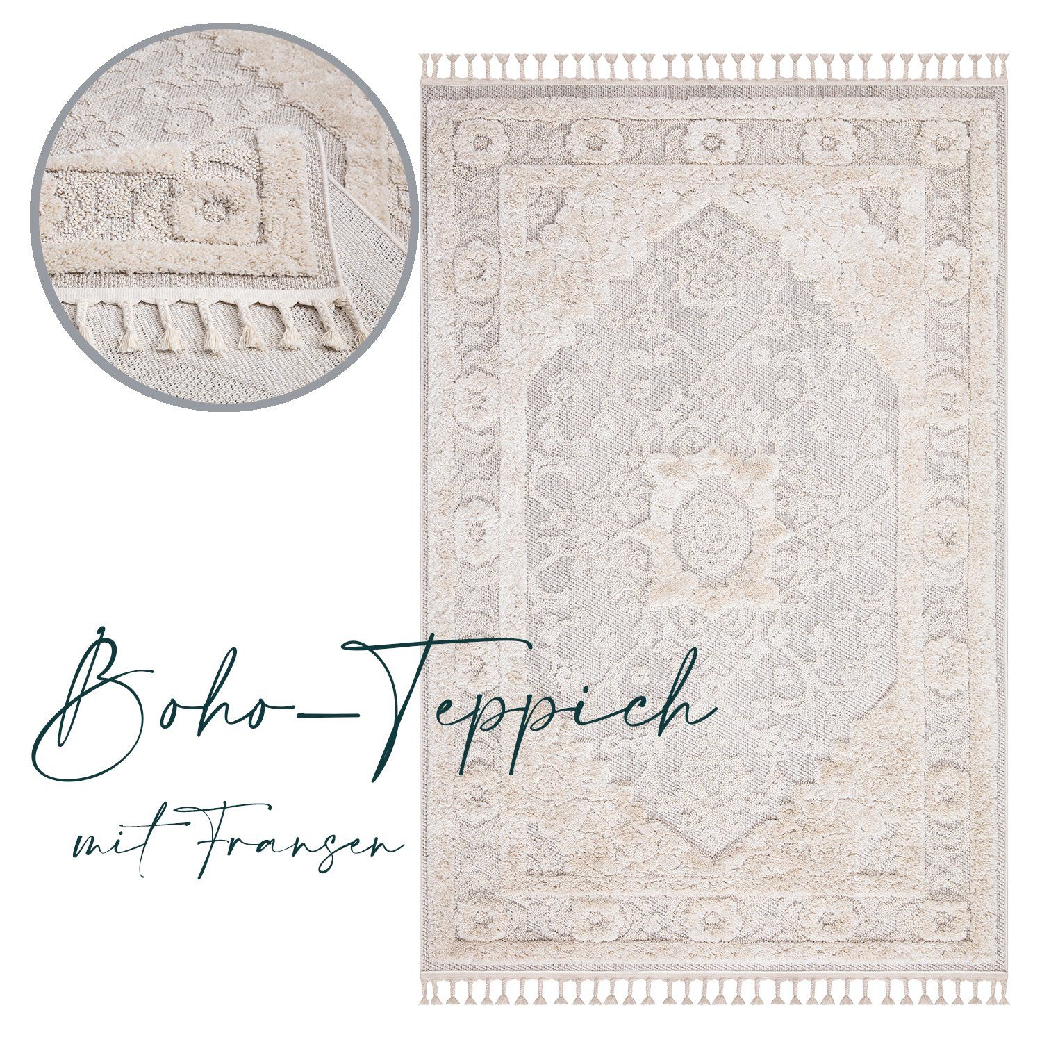 Teppich Boho Skandinavisch Style - Hochtief Effekt Cut-& Loop, payé, Rechteckig, Höhe: 20 mm, Ornament Muster - Hochtief Effekt