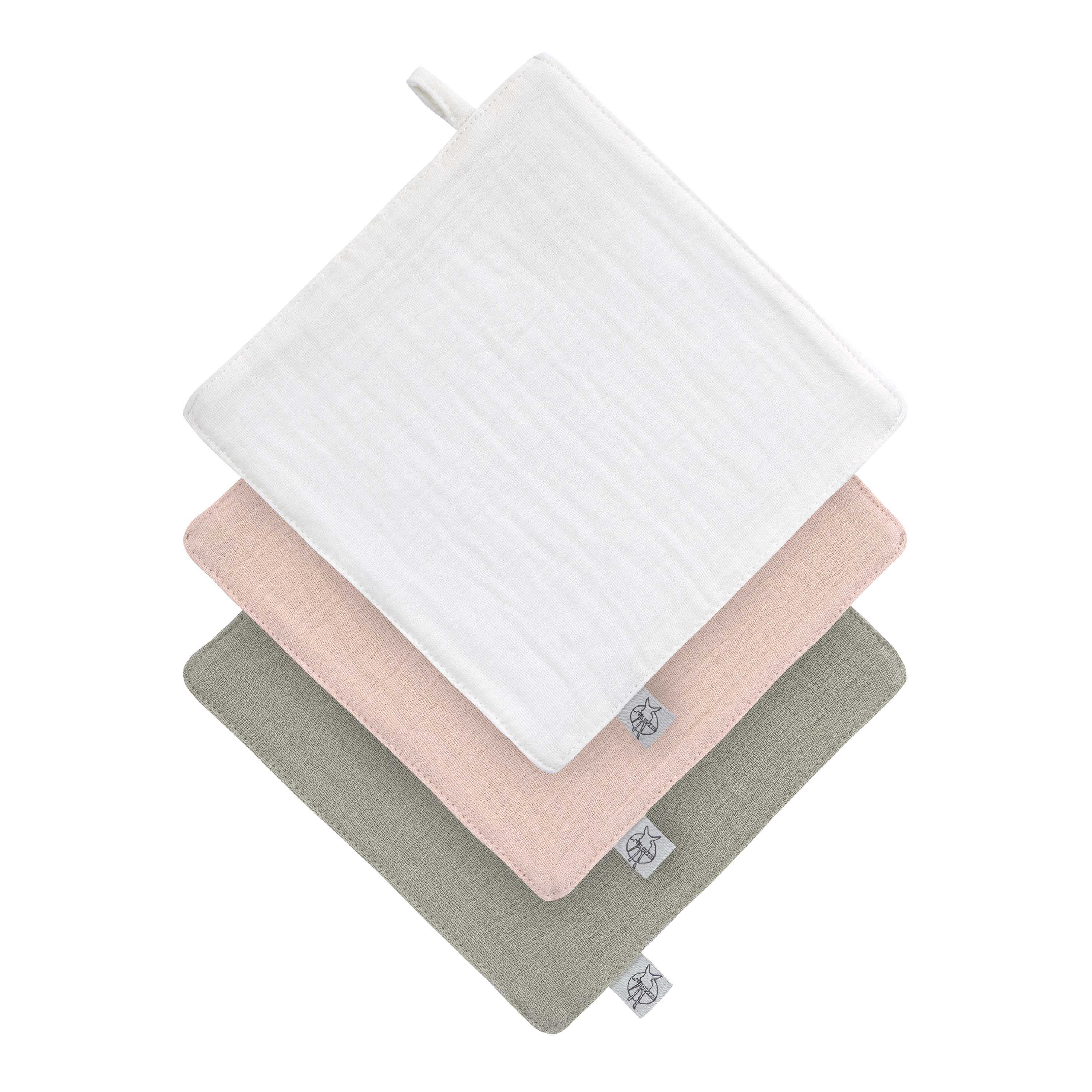 Mull Waschlappen Baby 3er Set, Weiß Rosa Oliv