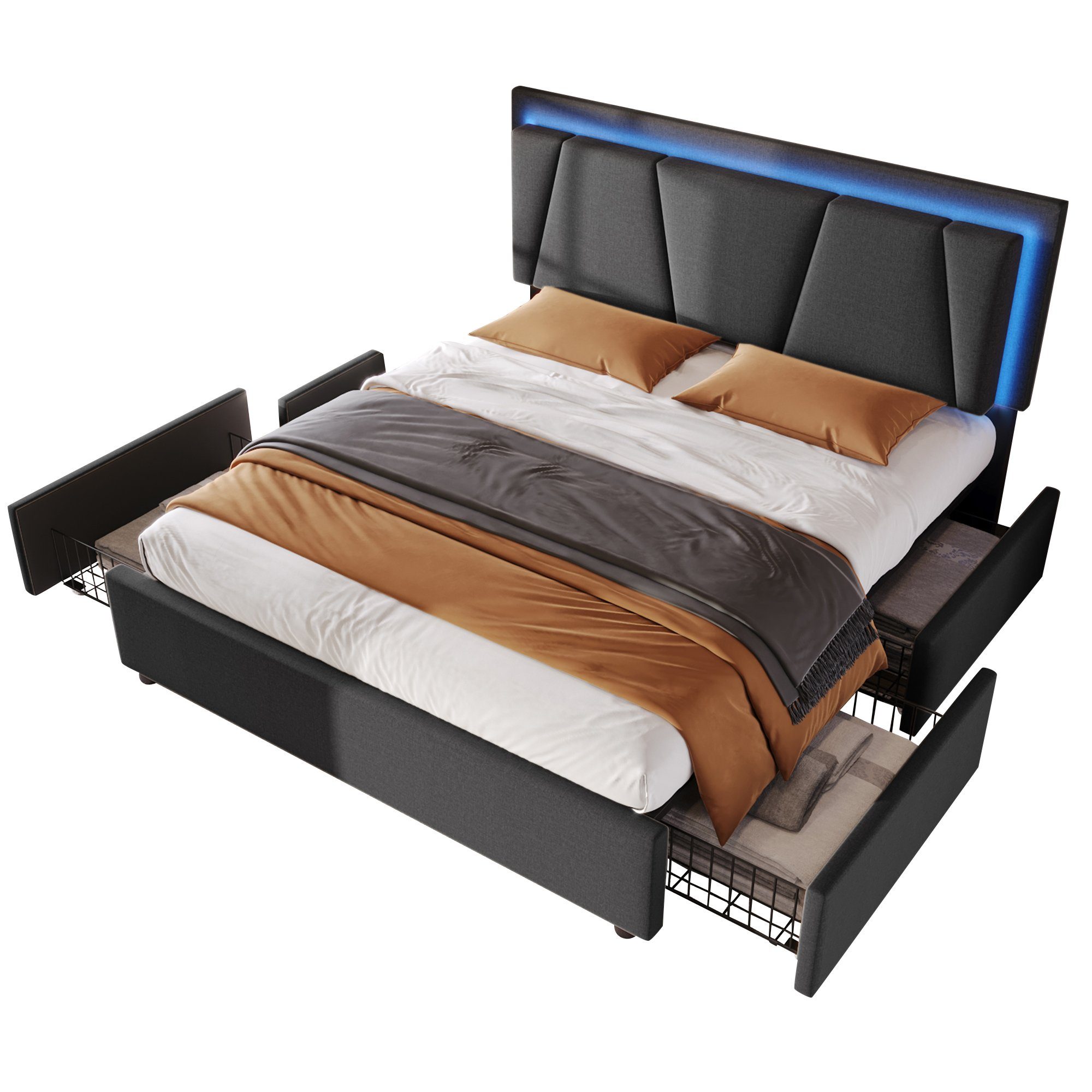 HAUSS SPLOE Polsterbett Polsterbett Doppelbett Funktionsbett Bettrahmen mit Schubladen, Doppelbett 140x200cm Lattenrost aus Holz, Grau(Ohne Matratze)