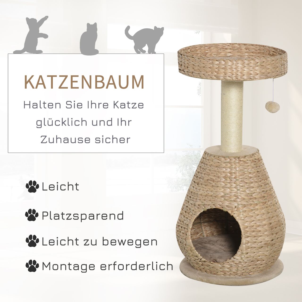 PawHut Katzenbaum Kratzbaum Kätzchen Möbel mit Katzenhöhle Ballspielzeug Sisal weiche Plüsch Höhe 82,5 cm Gelb