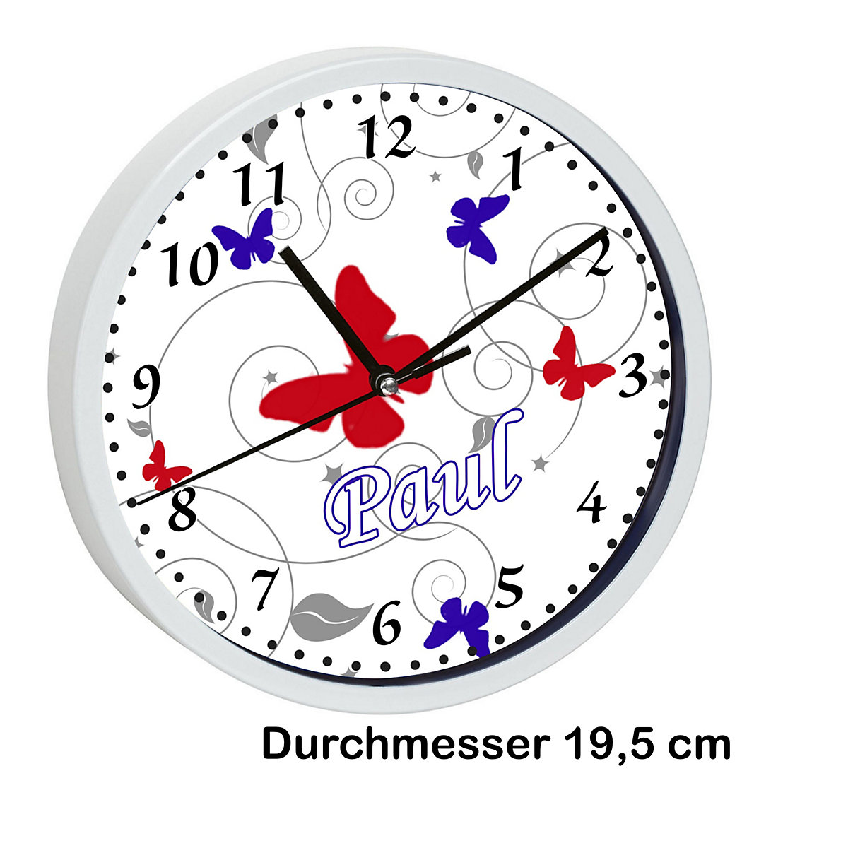 Kinder Wanduhr laufruhig personalisiert mit Name Schmetterling Rot Blau Grau