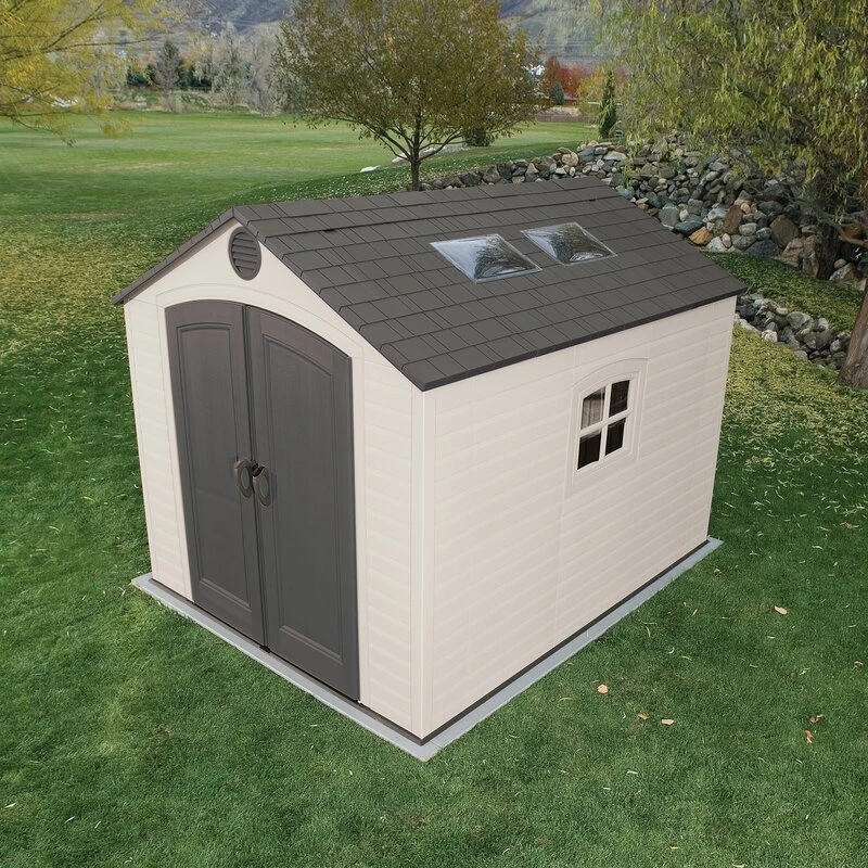 8 feet. Width x 10 feet. D plastic traditional storage shed