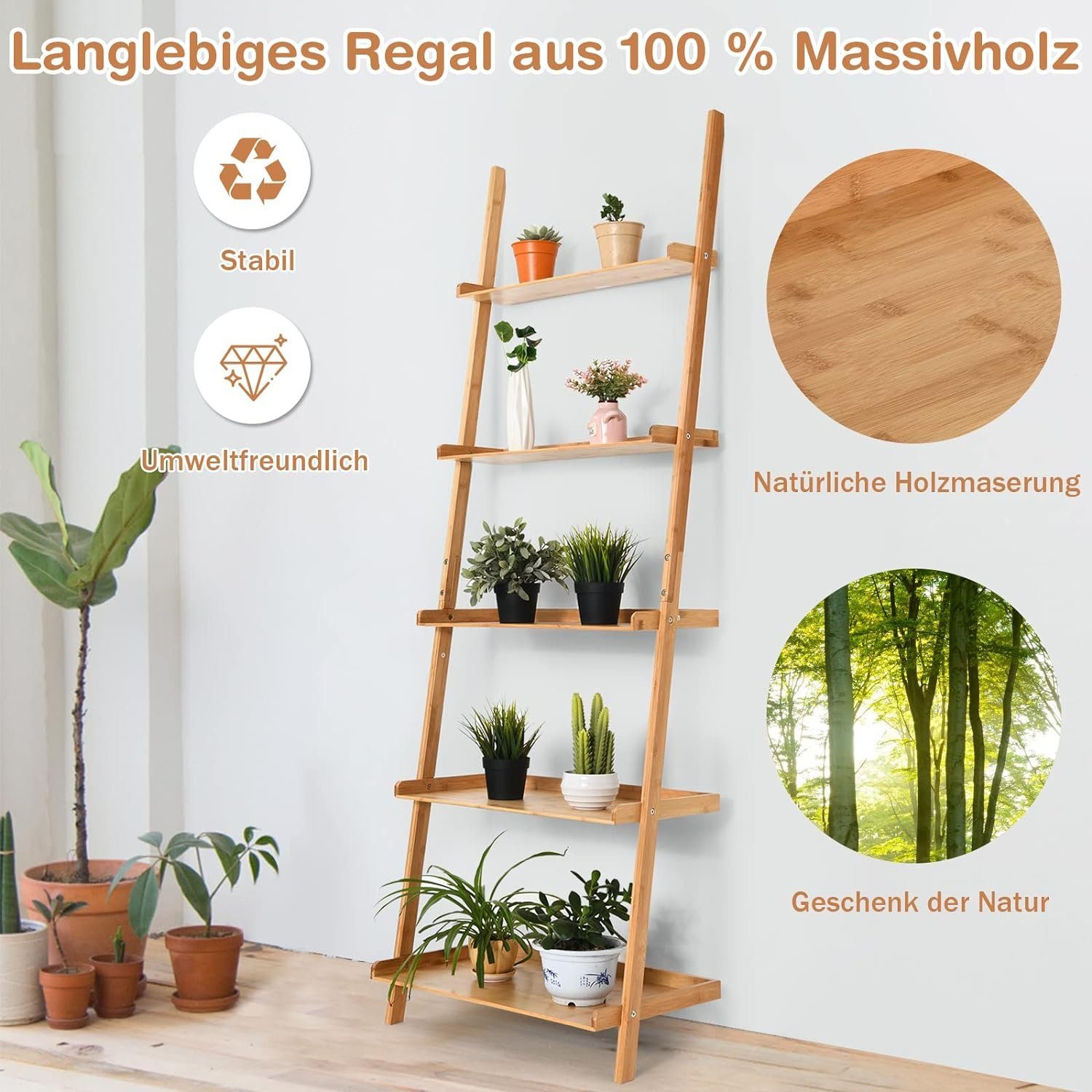 KOMFOTTEU Leiterregal Standregal, mit 5 Offenen Regalen, aus Bambus