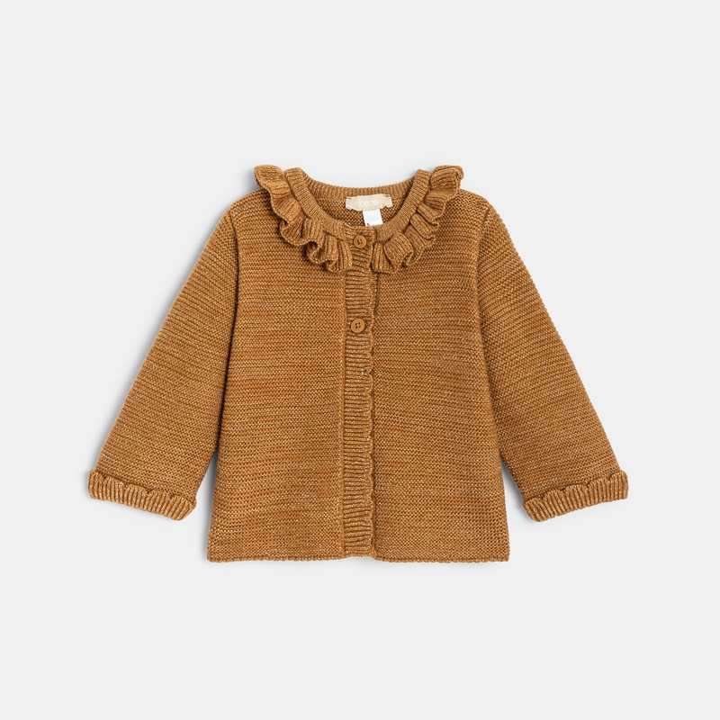 Gilet maille tricot col fantaisie marron bébé fille