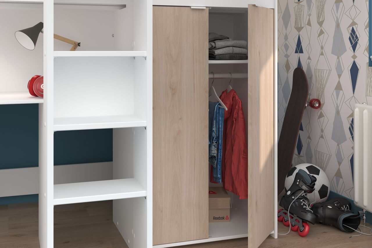 Parisot Hochbett, Tom - mit integriertem Schreibtisch und Kleiderschrank