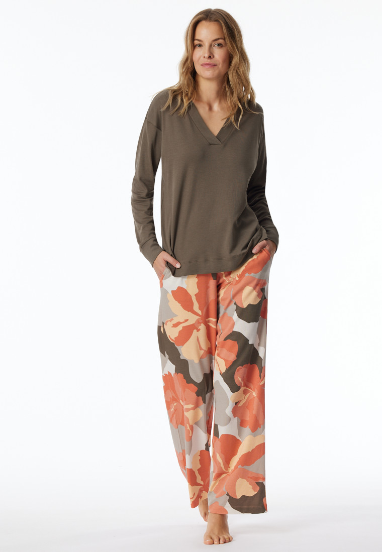 Schlafanzug lang Interlock taupe bedruckt - Modern Nightwear