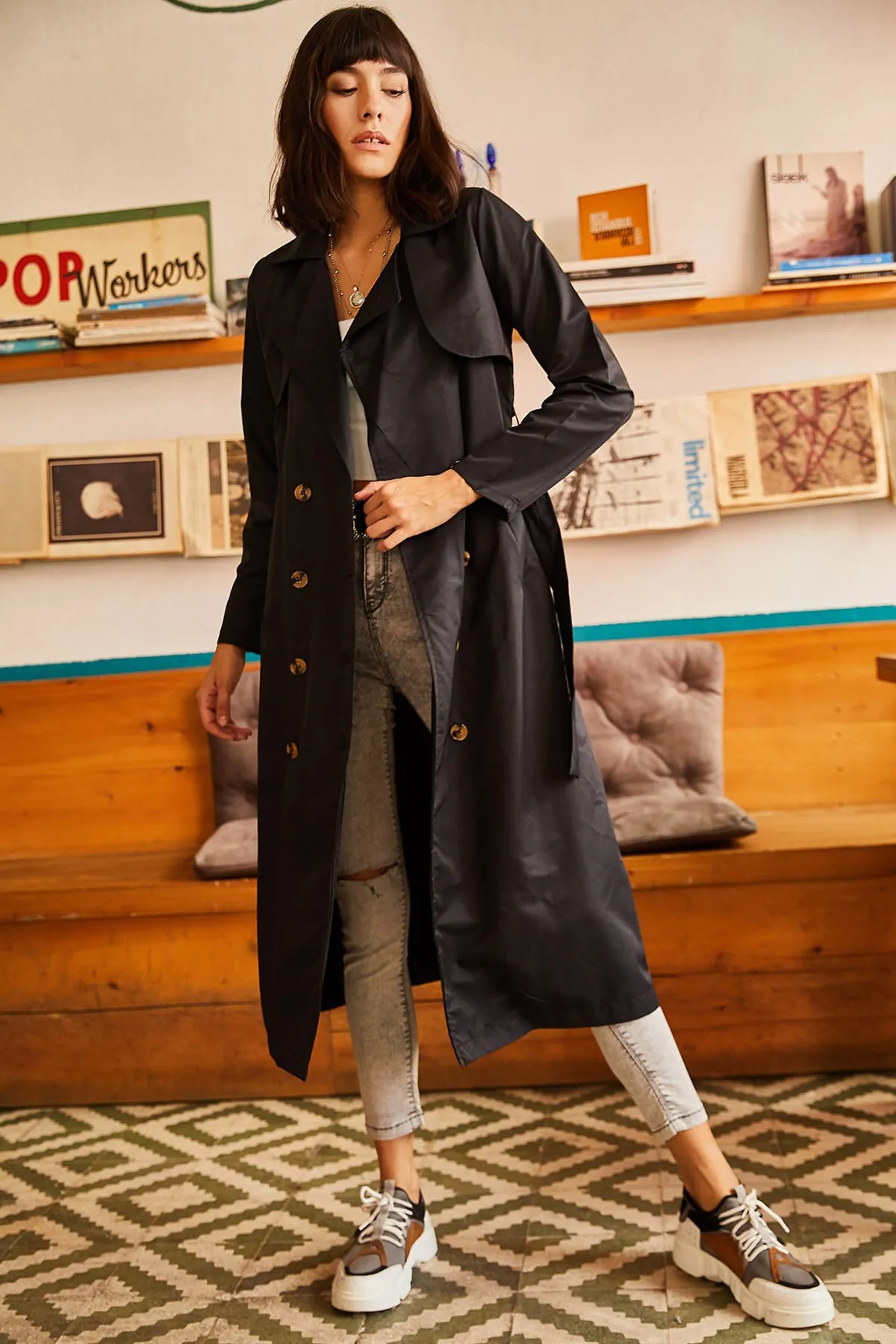 Olalook  Trenchcoat - Schwarz - Zweireihig