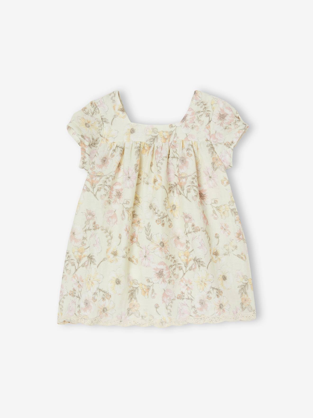 Robe fleurie bébé manches courtes écru