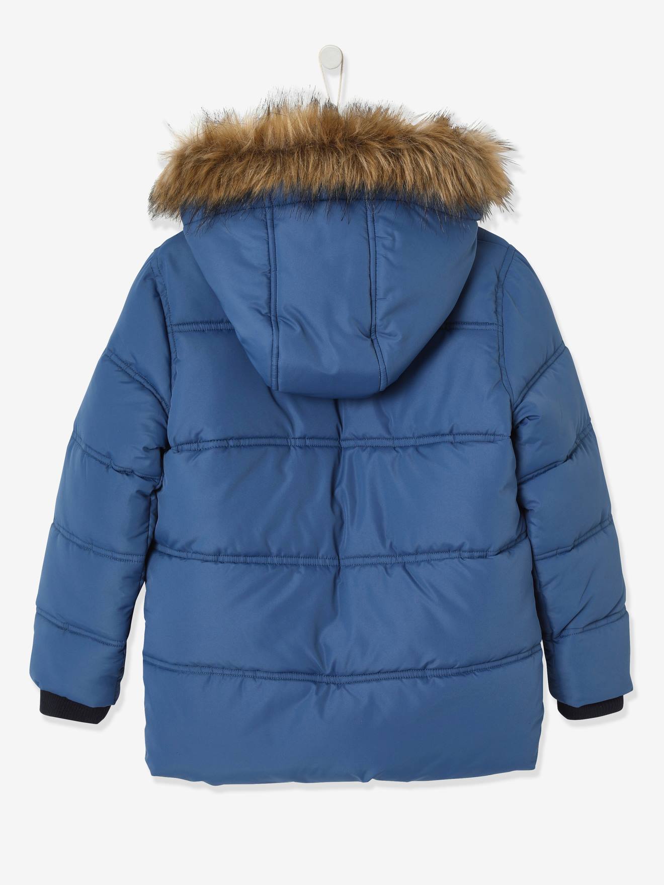 Doudoune longue à capuche garçon et ses moufles/ gants assortis bleu