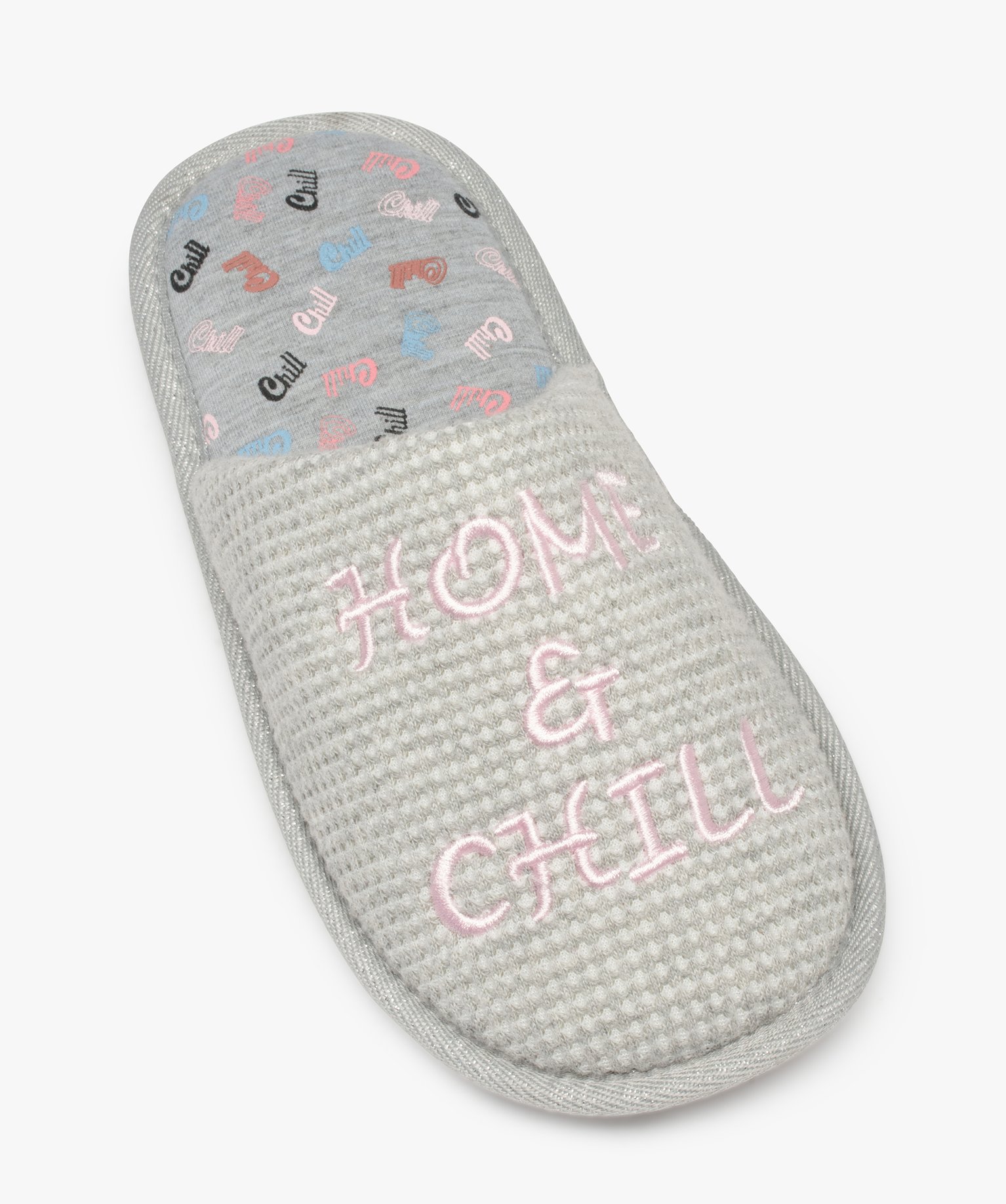 Chaussons femme mules plates brodées Home & Chill gris | GEMO