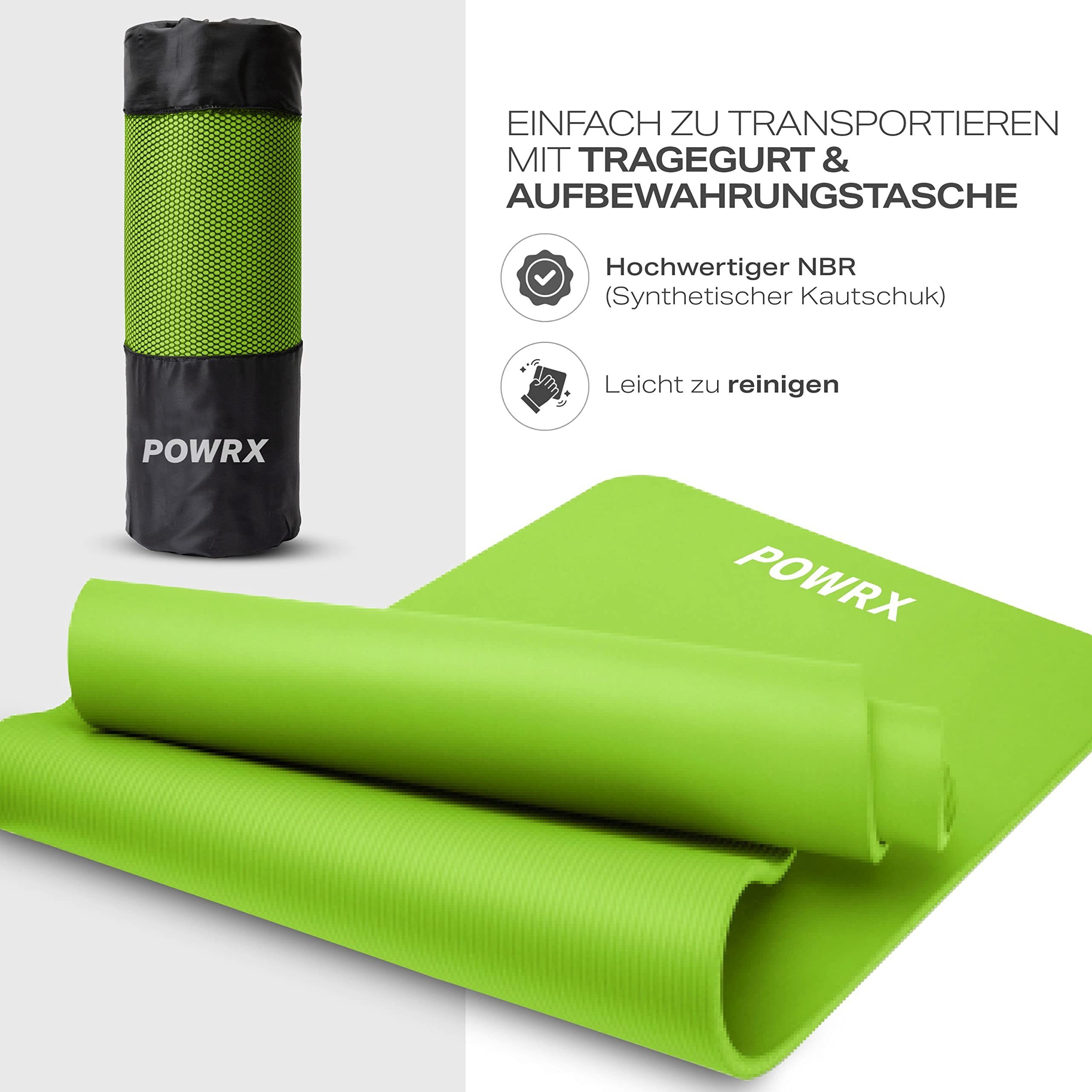 POWRX Yogamatte Gymnastikmatte inkl. Trageband + Tasche + GRATIS E-Book, Grn 190 X 60 X 1.5 Cm