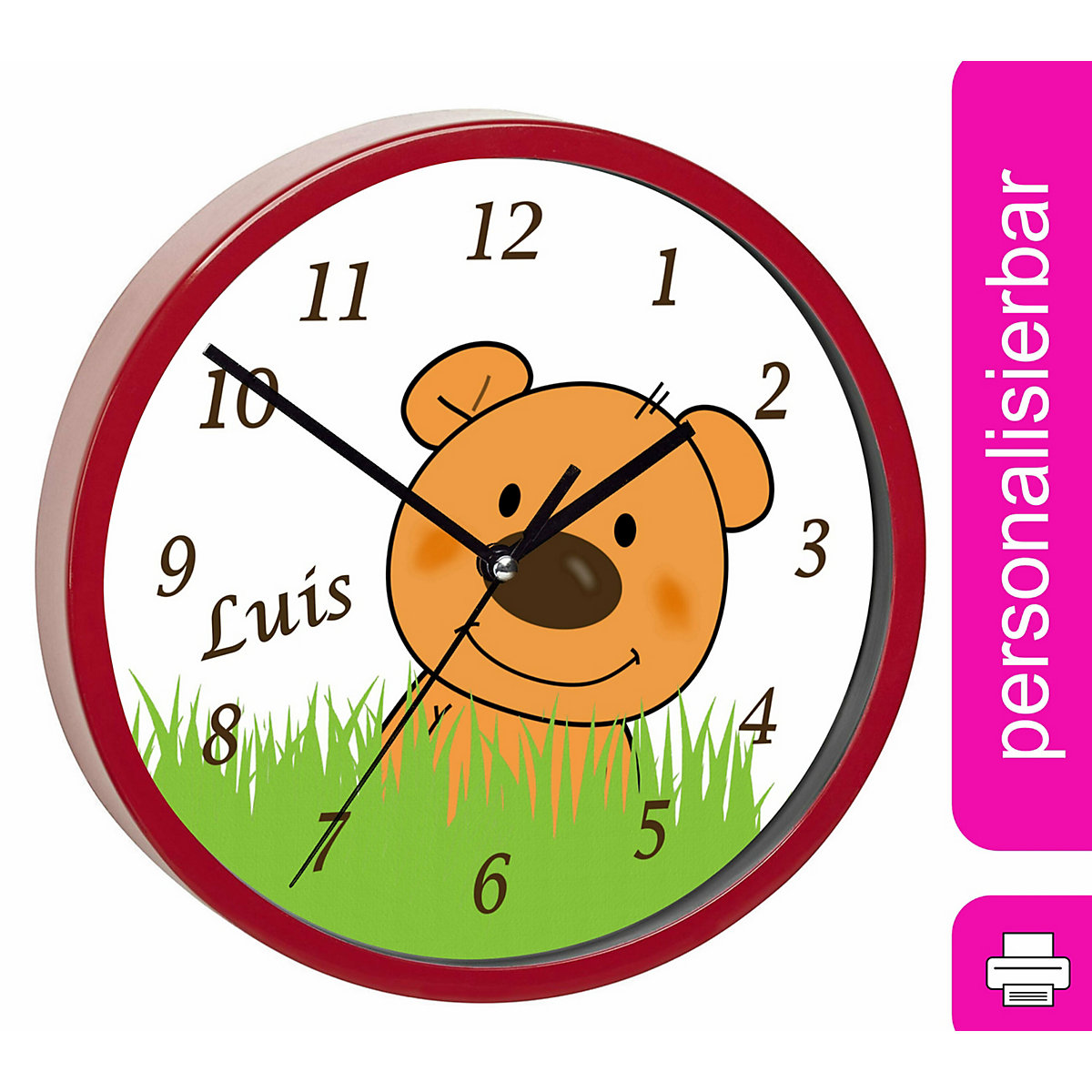Kinder Wanduhr laufruhig personalisiert mit Name Teddy Bär-Graß
