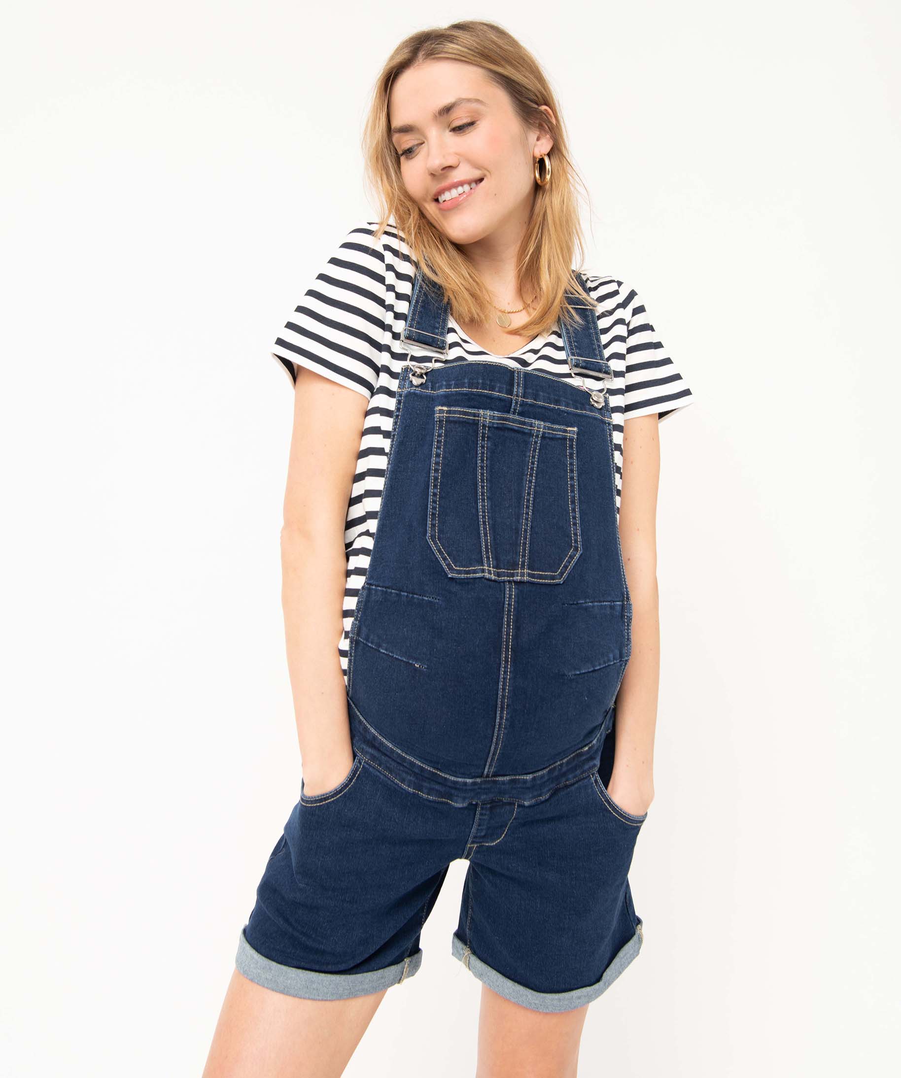 Salopette de maternité en toile denim coupe courte denim | GEMO