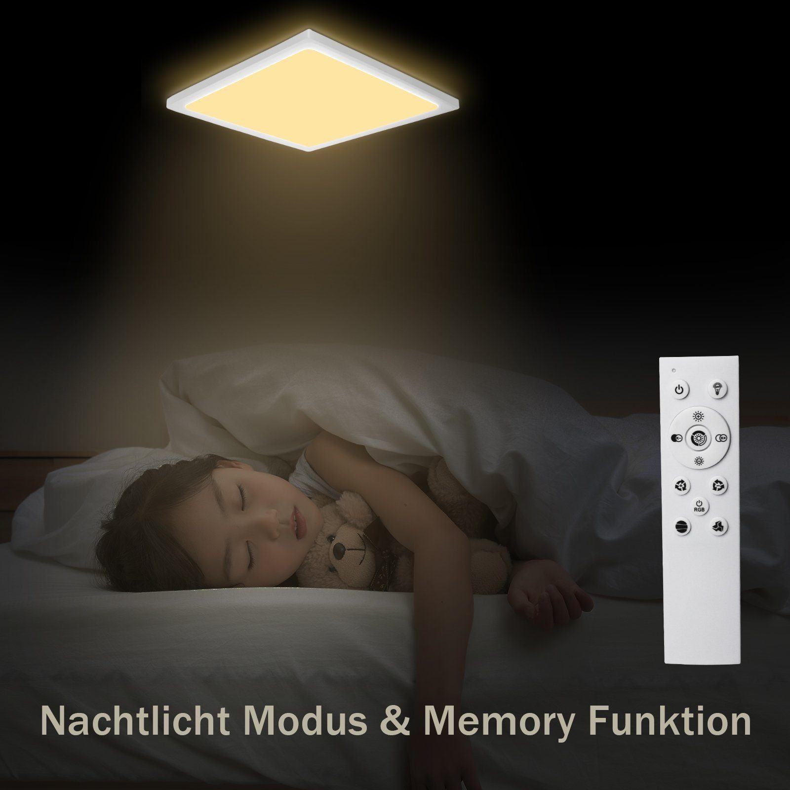 ZMH LED Deckenleuchte IP44 RGB Hintergrundleuchtung 28W Dünn Flach mit Fernbedienung, Dimmbar, LED fest integriert, warmweiß-kaltweiß, Quadratisch