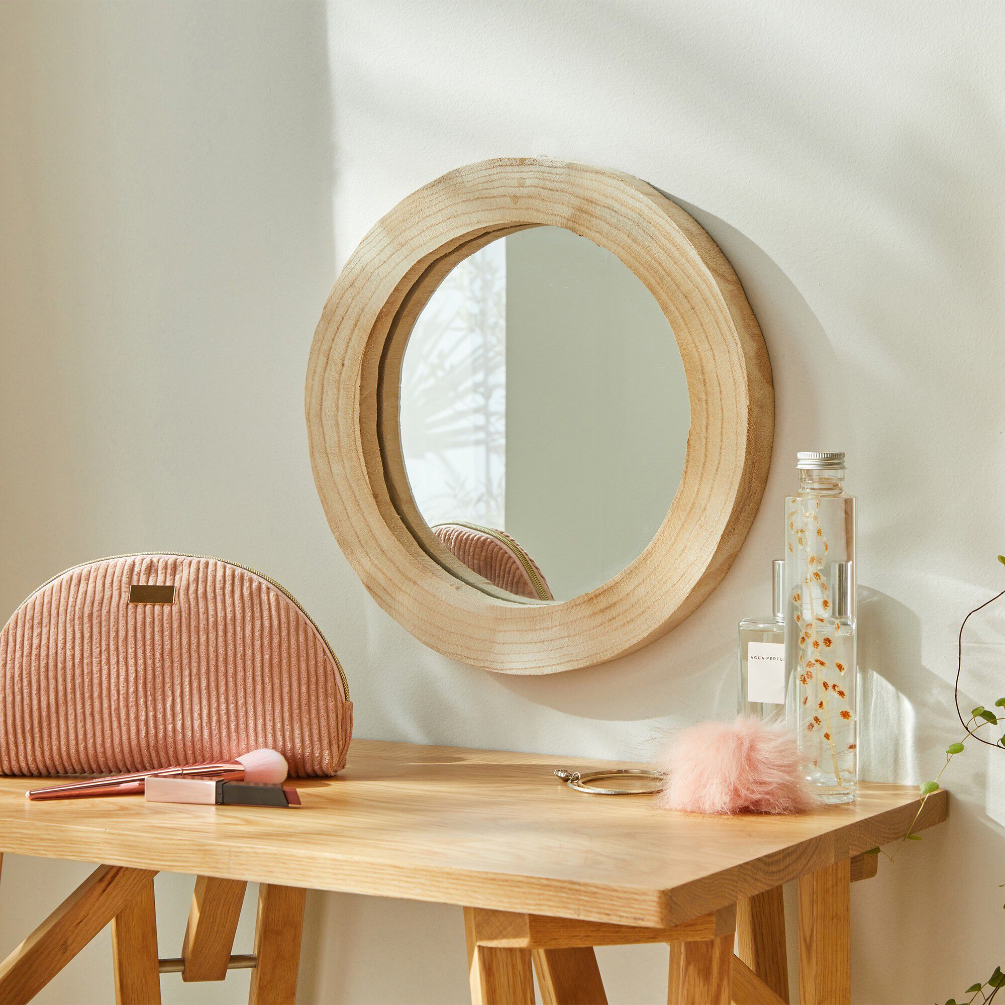 Miroir rond en bois naturel