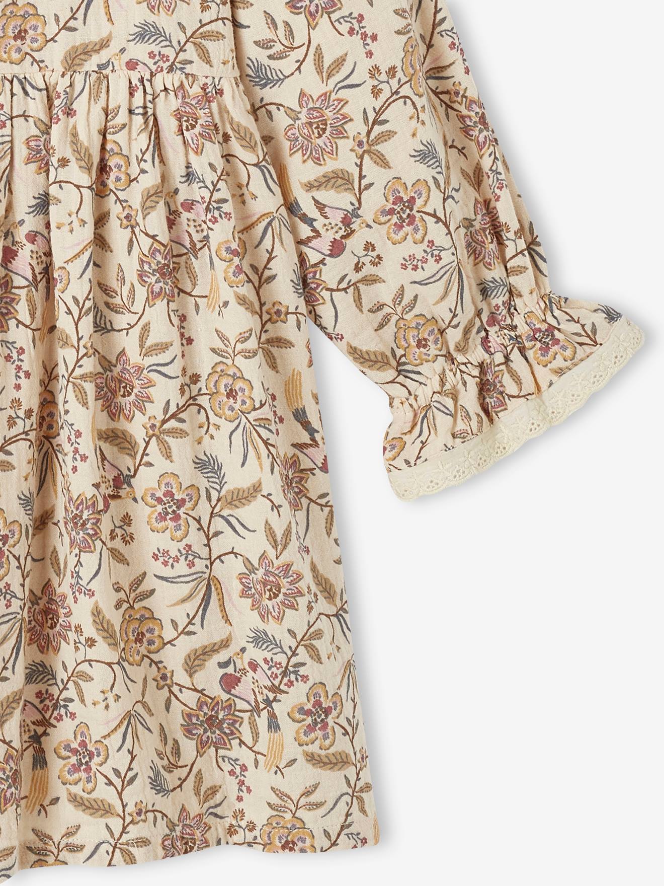 Robe à fleurs en gaze de coton fille beige imprimé