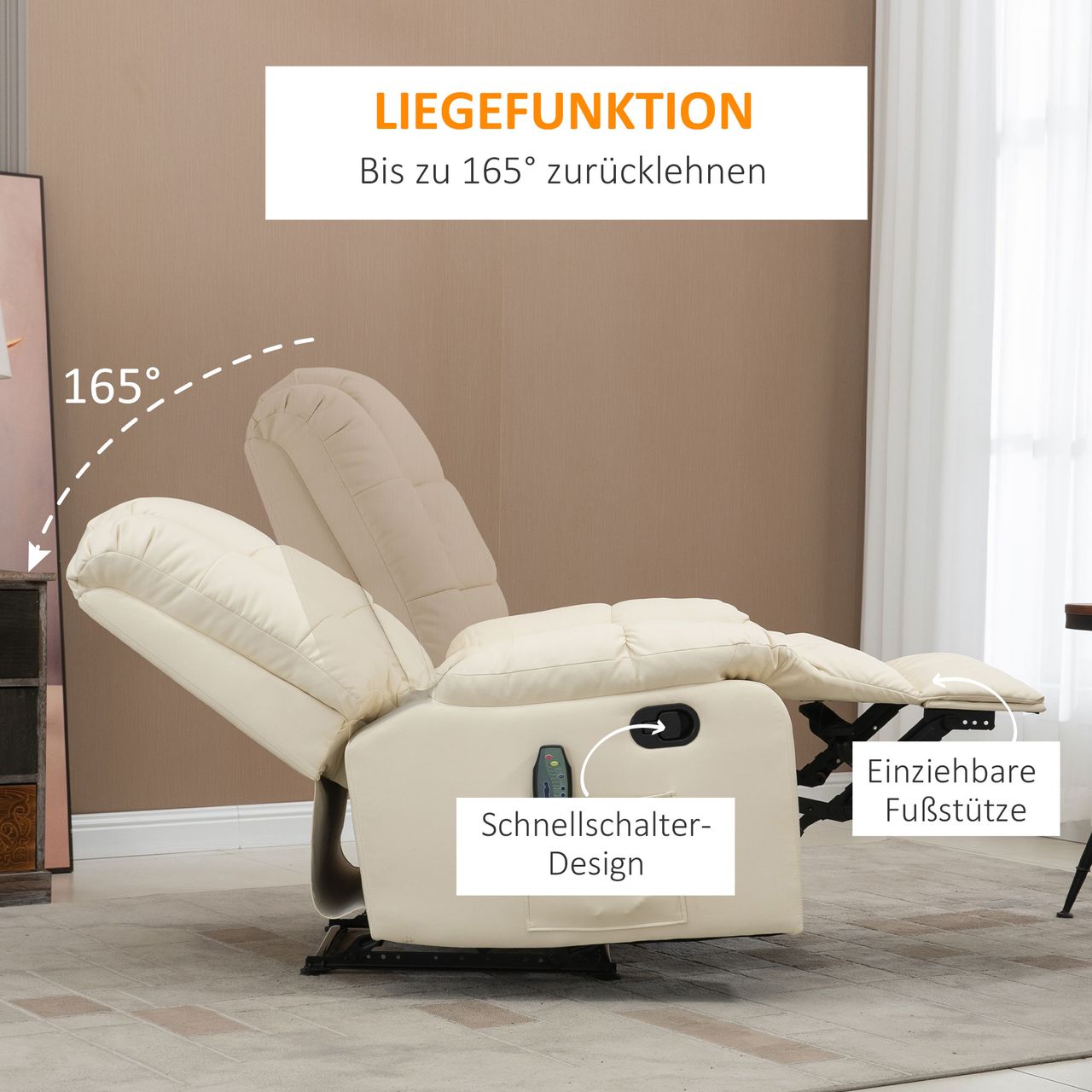 HOMCOM Massagesessel Elektrisch Fernsehsessel mit Liegefunktion 8 Massagepunkte