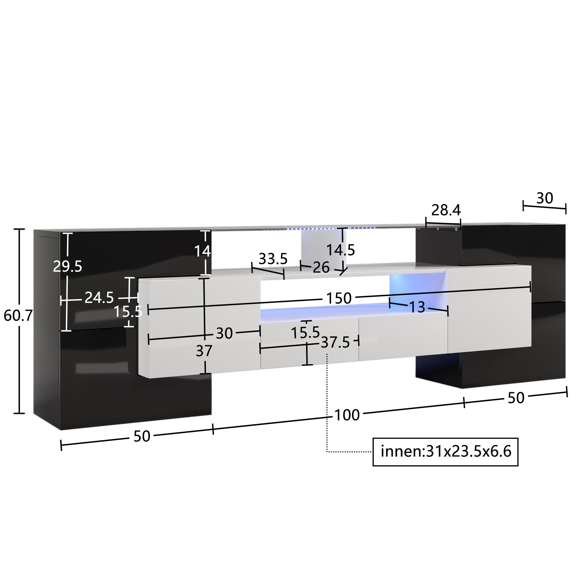 REDOM TV-Schrank Lowboard (1-St., Schwarz+Weiß, 200 cm) Elegante Glasoberfläche., LED-Beleuchtung