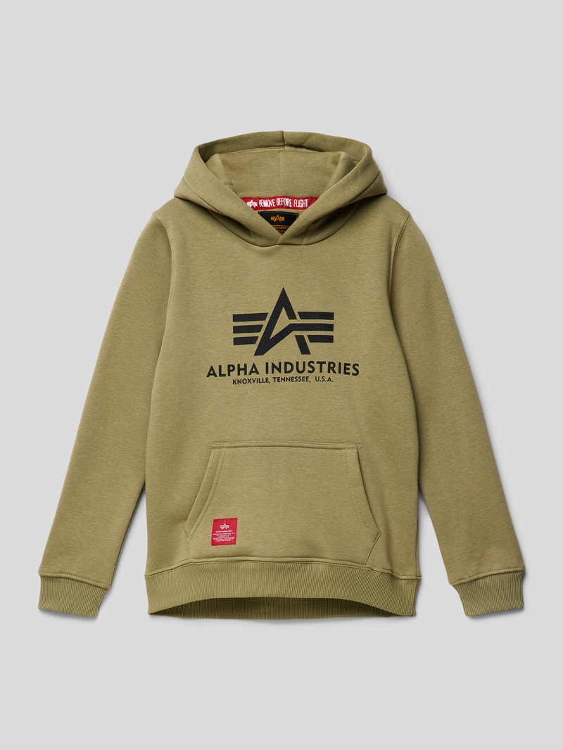 Hoodie mit Label-Details Modell 'Basic' in olivgrün meliert