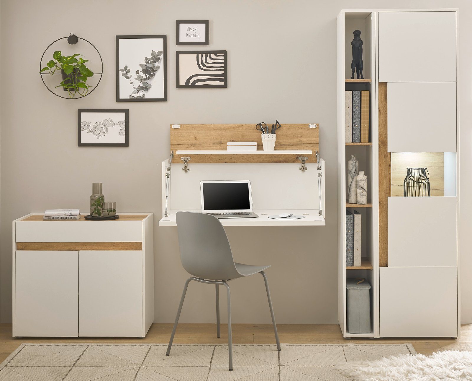 Furn.Design Mehrzweckschrank-Set Center, (Homeoffice Wohnwand in weiß mit Wotan Eiche, 4-teilig, 270 x 200 cm), integrierter Sekretär