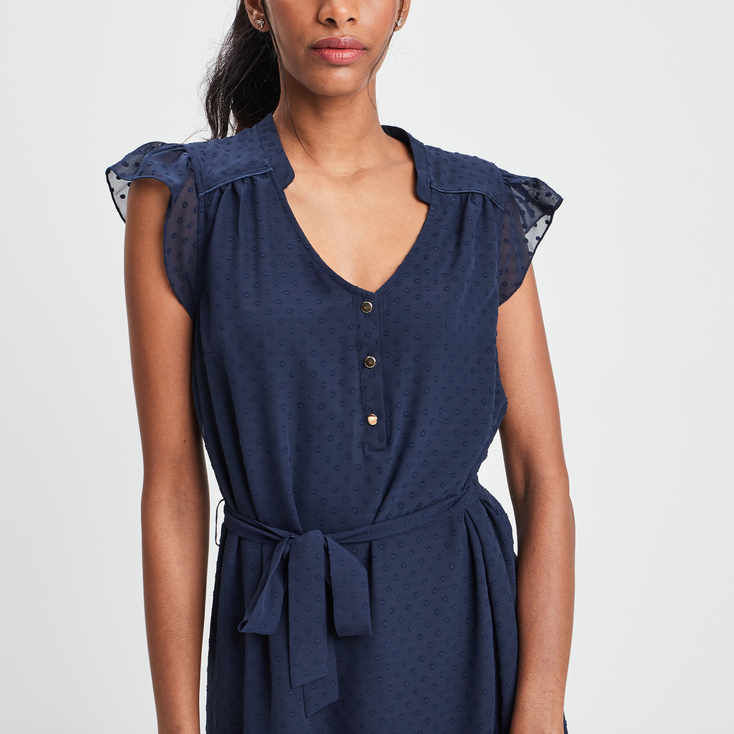 Robe plumetis droite ceinturée bleu marine femme | La Halle