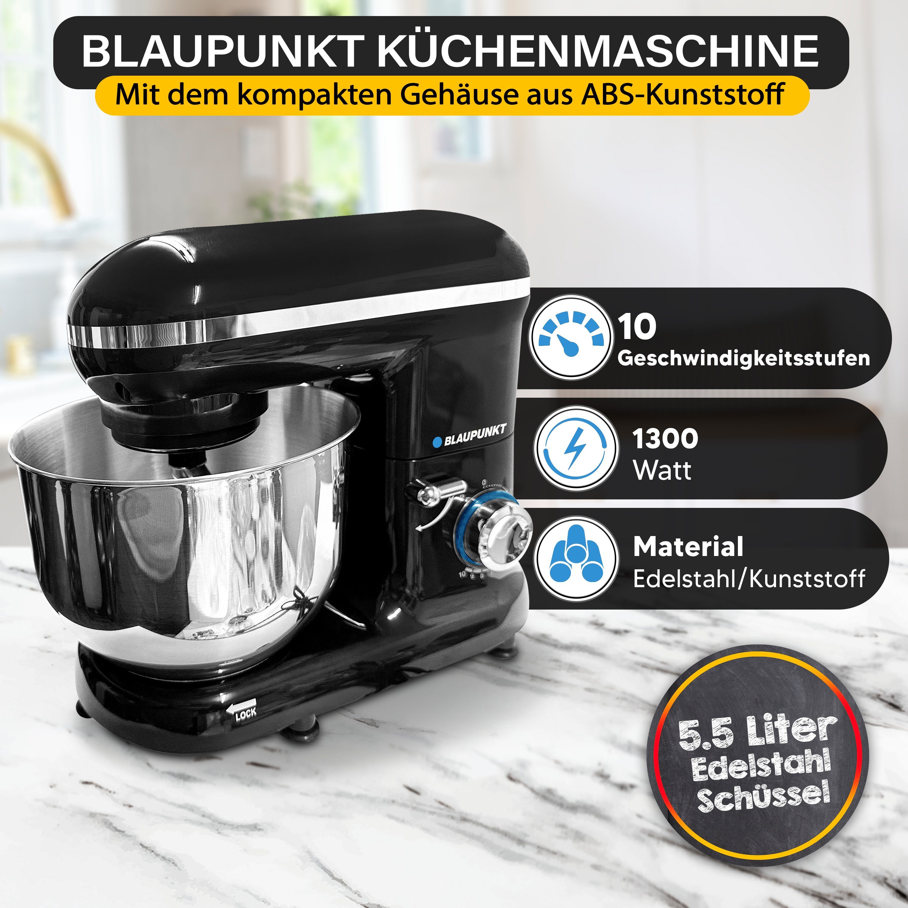 Blaupunkt Küchenmaschine MEN787 Küchenmaschine, Knetmaschine, Rührmaschine mit Knethaken, 1300 W, 5,50 l Schüssel, Edelstahl, 10 Stufen Mischen Schlagen Kneten, Knetmaschine für teig