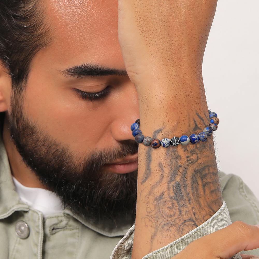 KUZZOI KUZZOI Bracelet Hommes perles avec agate bleue en argent sterling 925 oxydé Bracelet